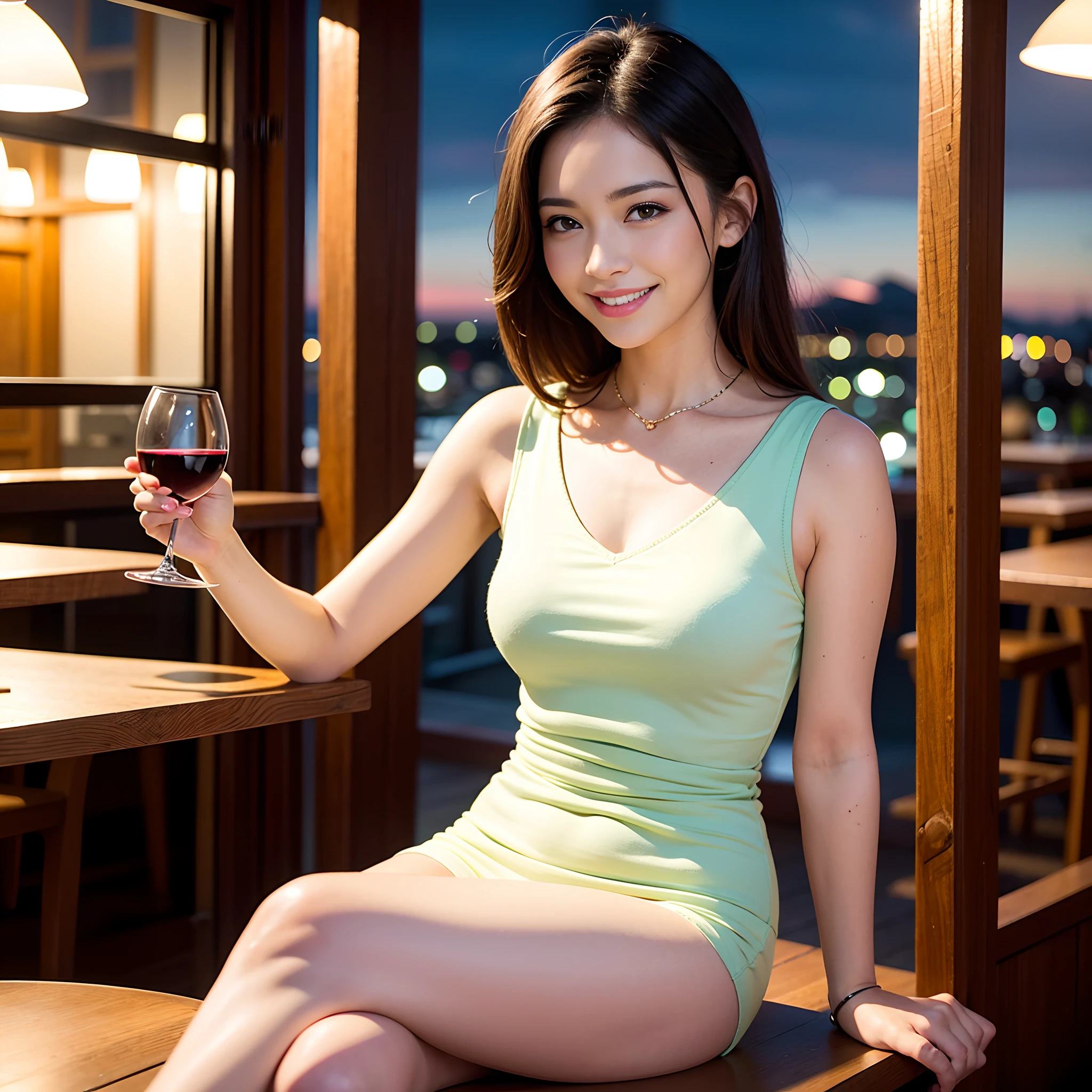 (64K, UHD, top quality, masterpiece: 1.2), (realistic, photorealistic: 1.37), super detailed, pretty woman 1 person, (slim face), (slim body), (brown hair), (short cut), cheeks slightly blushing, (44 years old), 38 years old, solo, beautiful detailed urban night view outside the window, restaurant, wine glasses sit, at night, in a prominent placeNovaFrogStyle, Actress, Model, Waist Up, White Wine, Slim, Wine Glass, Super Clean Night View, Wine Glass Put in the Middle, Happy Smile, (Smile: 1.15), Beautiful Fine Eyes, Upper Body, Bust Japan Up, Night, Short, Short, Actress, Model, Waist Up, White Wine, Slim, Wine Glass, Super Clean Night View, Wine Glass Put in the Middle, Happy Smile,