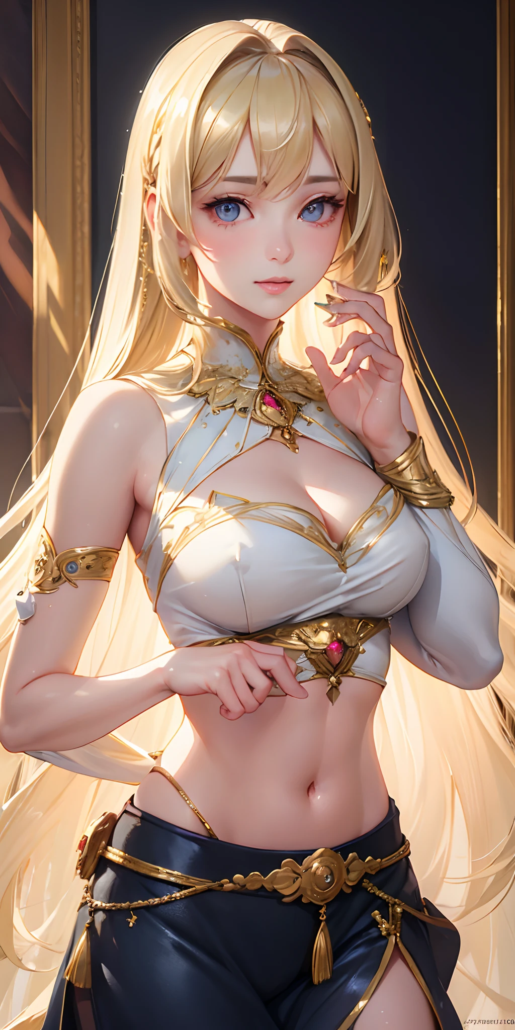 (photorealistic:1.4), (masterpiece, sidelighting, finely detailed beautiful eyes: 1.2), masterpiece*portrait, realistic, 3d face, glowing eyes, shiny hair, lustrous skin, solo, embarassed, (midriff),
