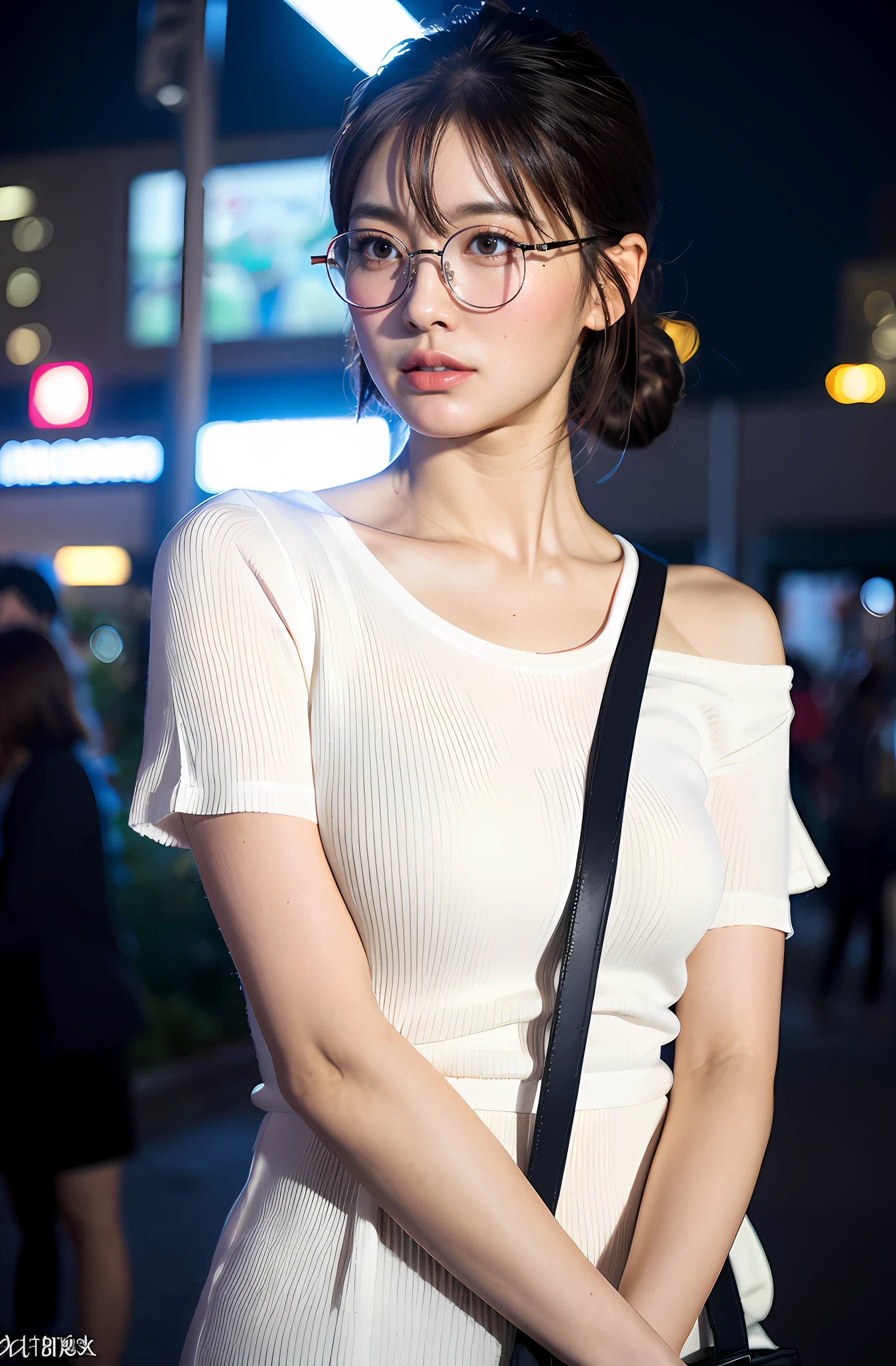 ((Highest quality)),(超High resolution),(Very detailed),(Detailed Description),((The best CG)),(masterpiece),Ultra-detailed art、(Highest quality、8k、32K、masterpiece)、(Realistic)、(Realistic:1.2)、(High resolution)、Very detailed、Very beautiful face and eyes、1 female、Tight waist、Delicate body、(Highest quality、Attention to detail、Rich skin detail)、(Highest quality、8k、Oil paints:1.2)、Very detailed、(Realistic、Realistic:1.37)、Bright colors、Beautiful Japanese Woman、Detailed face、Smooth Skin、Big Breasts、A Japanese woman in her late thirties is shopping in the city. She is wearing a sheer black top layered over a stylish navy tuck flare skirt. She has a confident yet approachable expression, with glasses and loose wavy hair. Accessorized with a structured handbag and delicate earrings, her outfit features a mix of casual elegance, perfectly suited for a day out shopping in the city. The background shows a vibrant urban shopping area with light filtering through trees.
