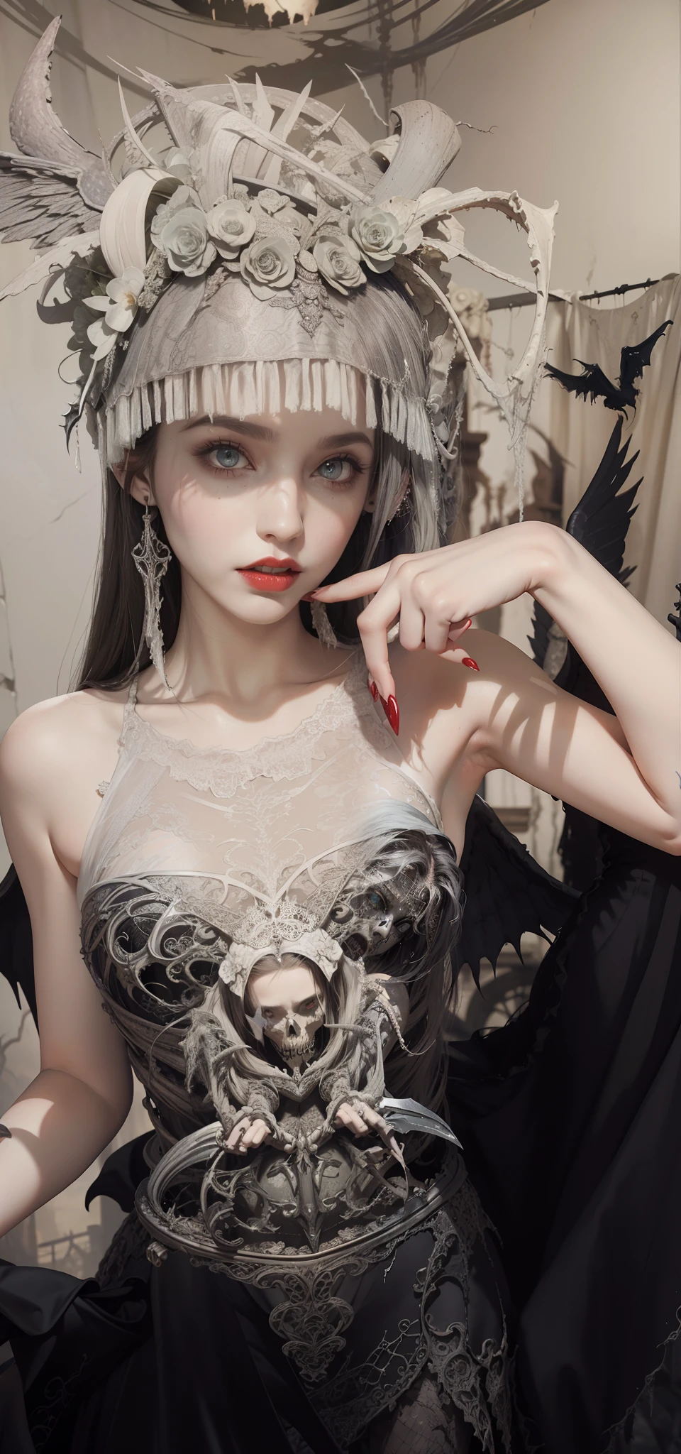 Fine matte painting, skeleton dark angel big wings haunted castle on drawing table full of knives, horror, spookiness, scary, secret horror, tentacles, vines, eyes, uncanny valley effect teeth, limbs, animals, blood moon，wedding gown，offcial dress，Weddings，mouth close，The eyes are cold，Redlip，