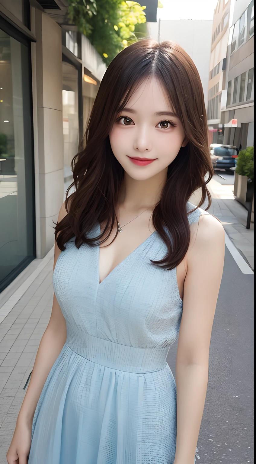 masutepiece, Best quality, illustration, Ultra-detailed, finedetail, A high resolution, 8K wallpaper, Perfect dynamic composition, Beautiful detailed eyes, Glamorous summer dress,Medium hair, Mid-chest, Natural color lips, Random and sexy pose,Smile,Aoyama Street Walkway、20 years girl