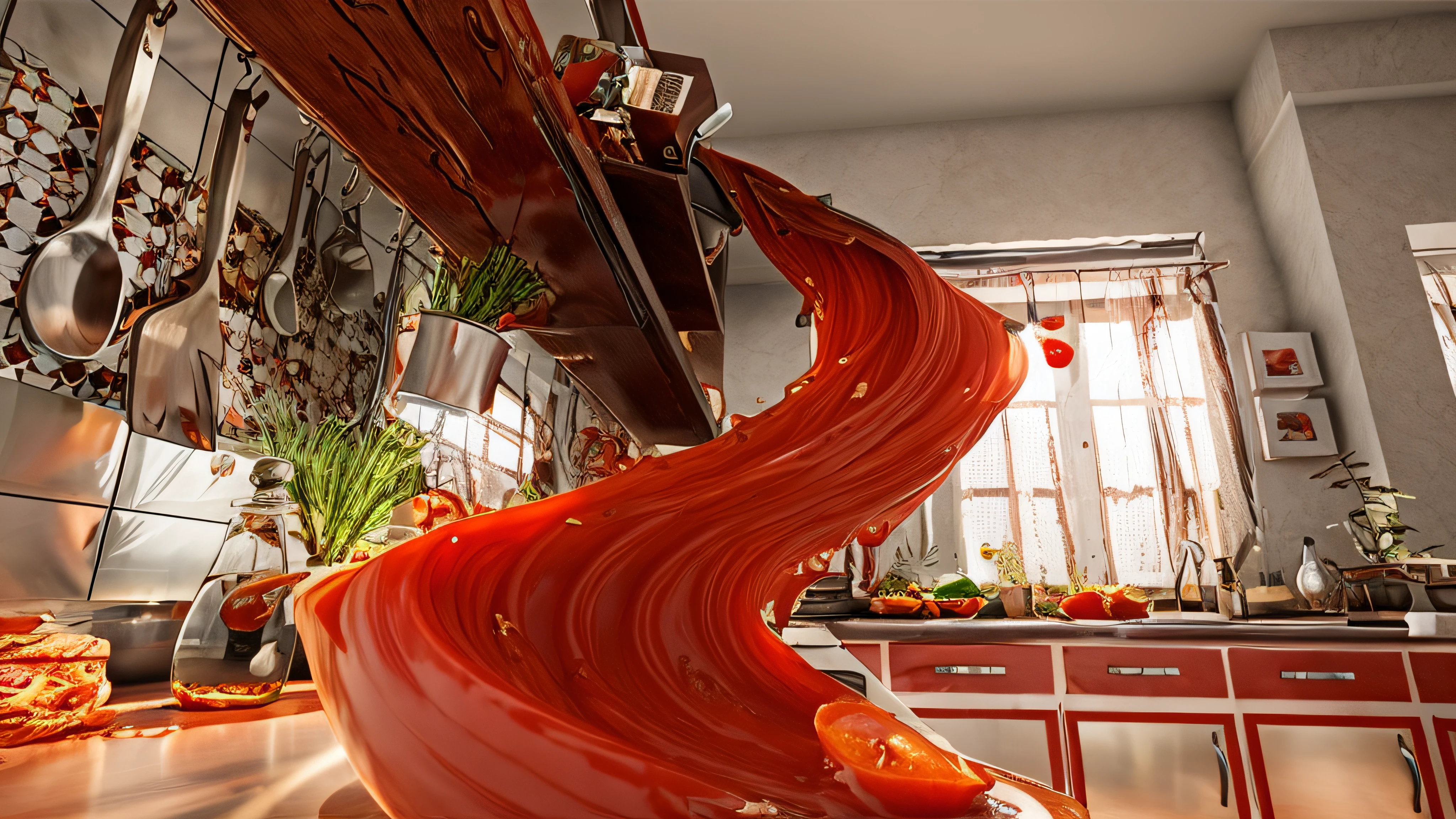 Improve the integration of tomato sauce that falls into the kitchen environment, Improve resolution and detail, 8k, textura de salsa de tomate realista