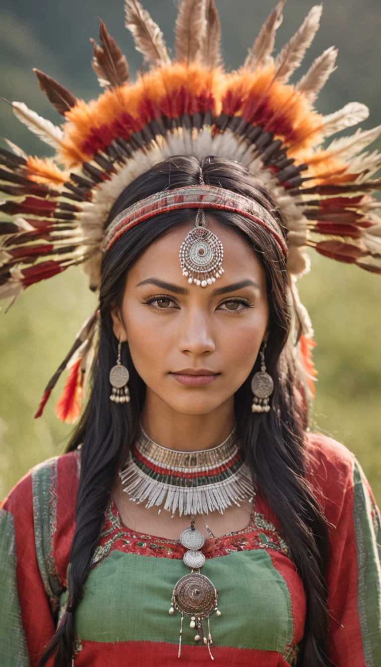 A photo of the face of a Native American woman, with green eyes, black hair, and a highly detailed Cherokee headdress adorning her head. She smiles towards the camera. She wears traditional and abbreviated indigenous clothing, showcasing her slender body. She is walking through a grassy plain with flowers.
The photo captures the natural beauty and cultural richness of the Native American woman. The cinematic lighting highlights the intricate details of her headdress and brings out the depth of her green eyes, creating a captivating effect. The Unreal Engine ensures a photorealistic quality, making the image feel like a moment frozen in time.
Her black hair contrasts beautifully with the vibrant colors of the headdress, adding to her striking appearance. Her traditional clothing reflects her cultural heritage and complements the natural setting of the grassy plain.
The woman's smile exudes warmth and positivity, creating a connection with the viewer. Her slender body and traditional attire showcase her cultural identity and resilience.
The natural setting of the grassy plain with flowers provides a picturesque backdrop, adding to the authenticity of the scene. The camera chosen for this photo captures the intricate details of her expression and attire.
The result is a visually engaging image that celebrates the woman's heritage and individuality, capturing her captivating appearance and cultural significance in a single frame. The combination of her unique features, traditional attire, and the natural surroundings make the photo exude a sense of cultural pride and harmony with nature