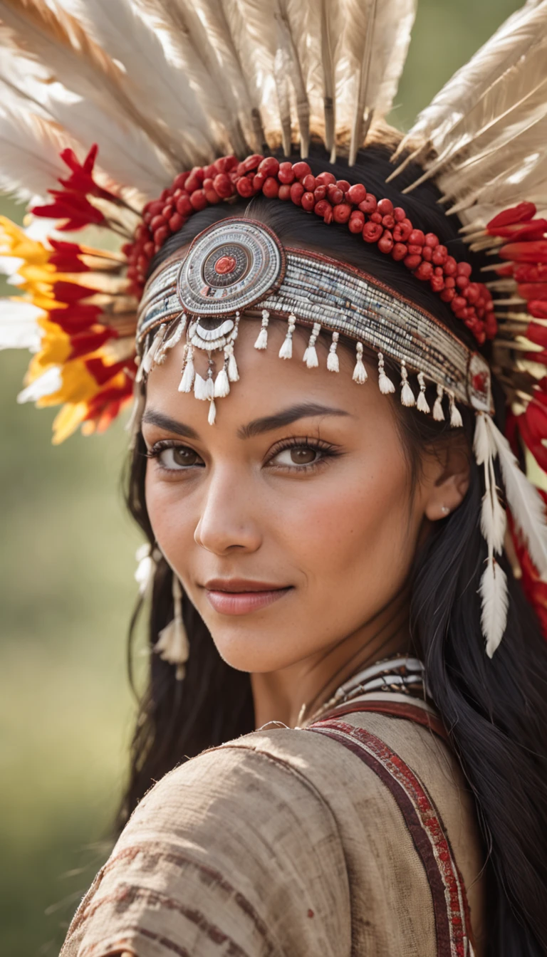 A photo of the face of a Native American woman, with green eyes, black hair, and a highly detailed Cherokee headdress adorning her head. She smiles towards the camera. She wears traditional and abbreviated indigenous clothing, showcasing her slender body. She is walking through a grassy plain with flowers.
The photo captures the natural beauty and cultural richness of the Native American woman. The cinematic lighting highlights the intricate details of her headdress and brings out the depth of her green eyes, creating a captivating effect. The Unreal Engine ensures a photorealistic quality, making the image feel like a moment frozen in time.
Her black hair contrasts beautifully with the vibrant colors of the headdress, adding to her striking appearance. Her traditional clothing reflects her cultural heritage and complements the natural setting of the grassy plain.
The woman's smile exudes warmth and positivity, creating a connection with the viewer. Her slender body and traditional attire showcase her cultural identity and resilience.
The natural setting of the grassy plain with flowers provides a picturesque backdrop, adding to the authenticity of the scene. The camera chosen for this photo captures the intricate details of her expression and attire.
The result is a visually engaging image that celebrates the woman's heritage and individuality, capturing her captivating appearance and cultural significance in a single frame. The combination of her unique features, traditional attire, and the natural surroundings make the photo exude a sense of cultural pride and harmony with nature