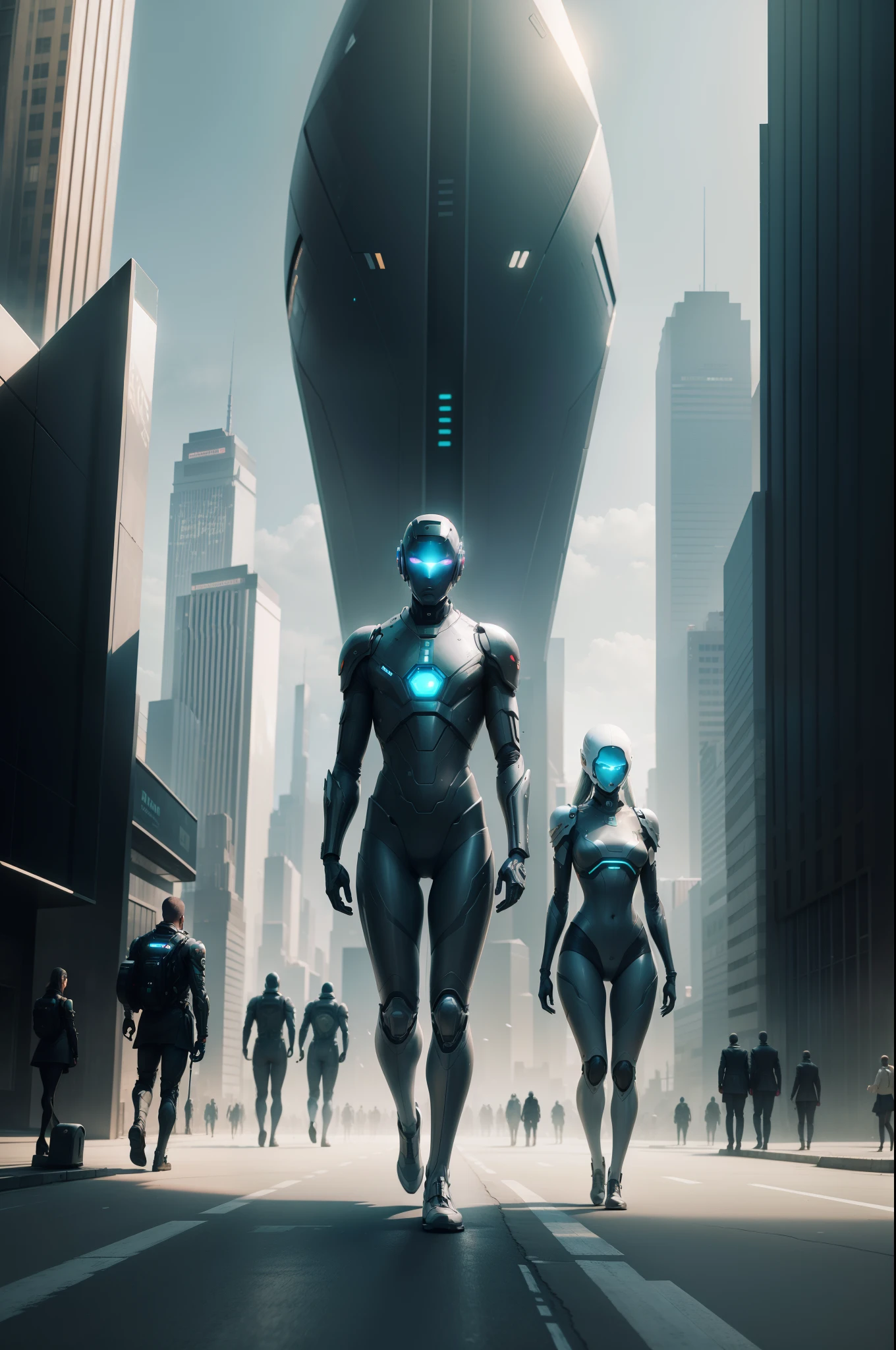 Artificial humans walking in a futuristic city