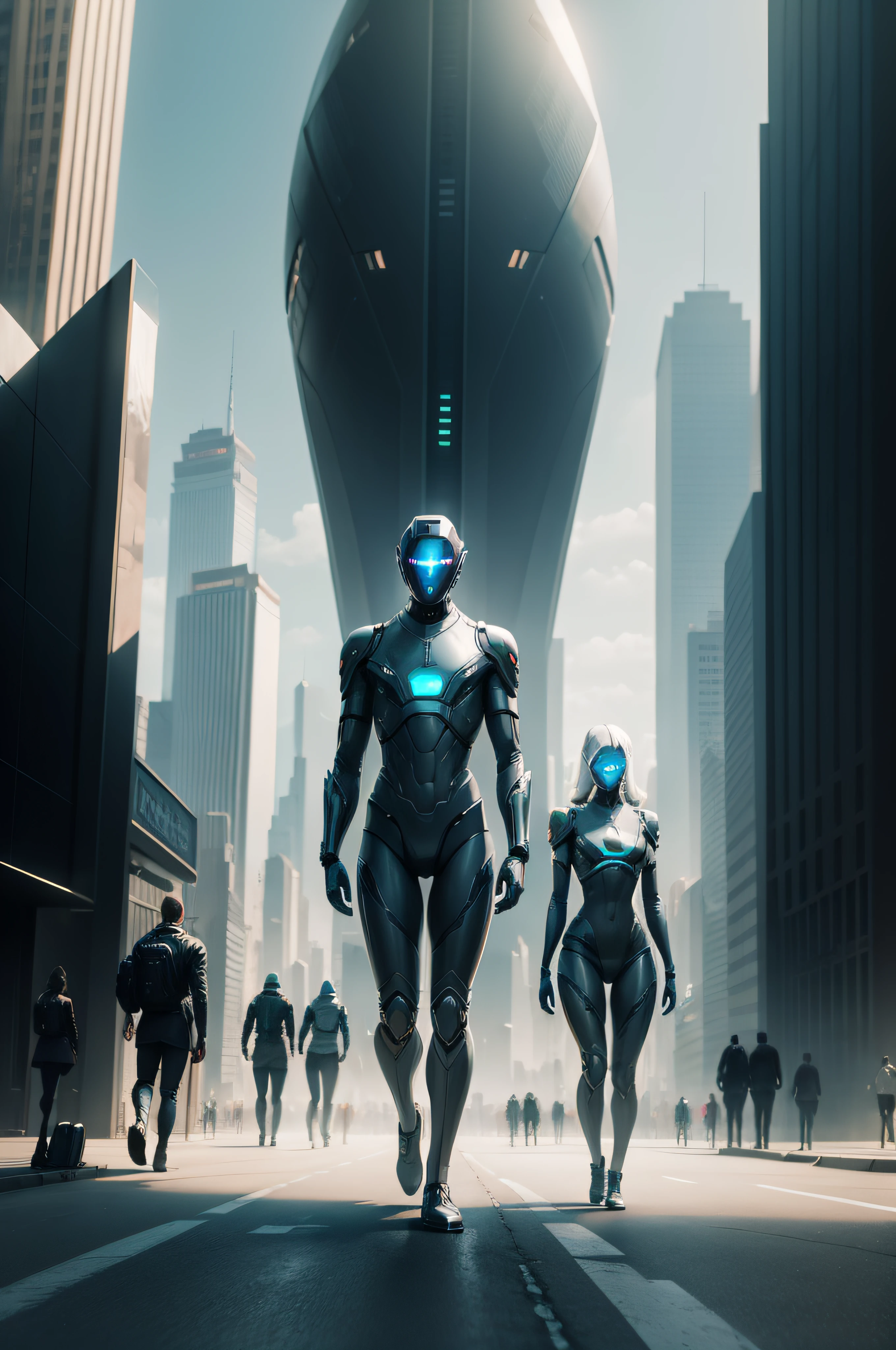 robots are standing in a narrow alley with a city in the background, peter gric and dan mumford, craig mullins nekro, by Peter Gric, style of jim burns, inspired by Stephan Martiniere, cgsociety ), cybernetic civilizations, cybernetic civilisations, fractalpunk, award winning scifi art, by Ian Miller --auto --s2