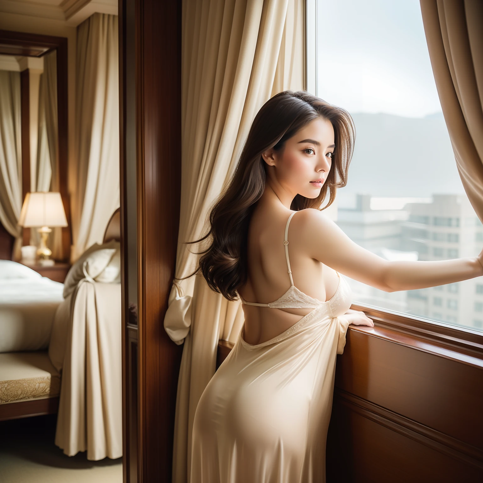 high-level image quality、realisitic、One lady、posterior view、Curvaceous、Hide your body in a nightgown、large full breasts、big butts、thin long limbs、He is staring at me with stiff eyes.、You can see the valley、Long disheveled hair shines in the light、Beautiful body bathed in the morning sun、Standing by the window of a luxury hotel、Brown and Gold Room、delicate detail、Focus on the subject、Create so that the subject and background enter diagonally from the top