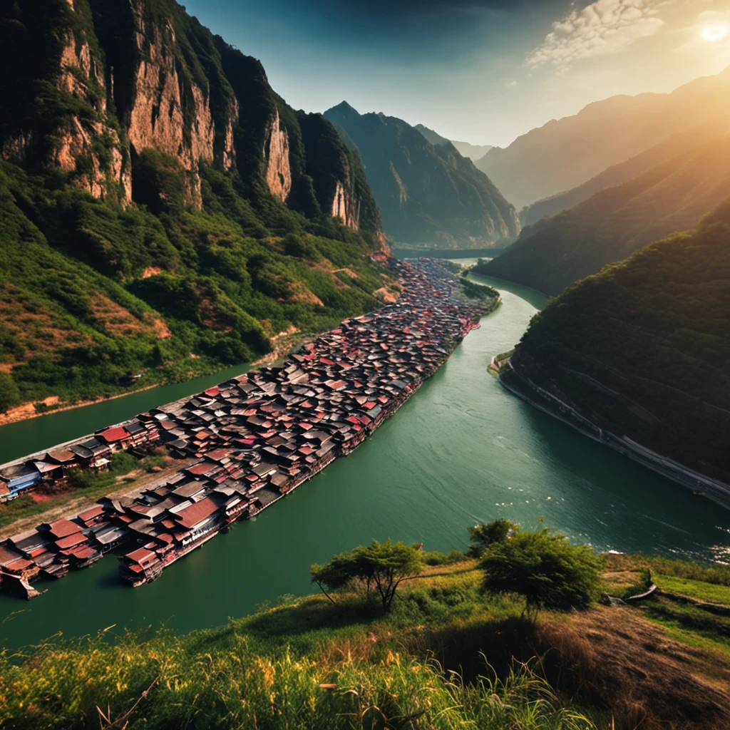 There is a river in the middle of the extremely high mountains of the Yangtze River in China, When the boat is advancing in the river. The scenery is very beautiful, 64K HD images