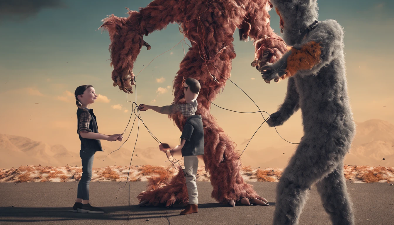 epic realistic, high-quality artwork of An image divided into two parts, one showing a person holding puppet strings (representing what we don't control) and the other part showing the same person releasing the strings and directing their energy towards something positive.