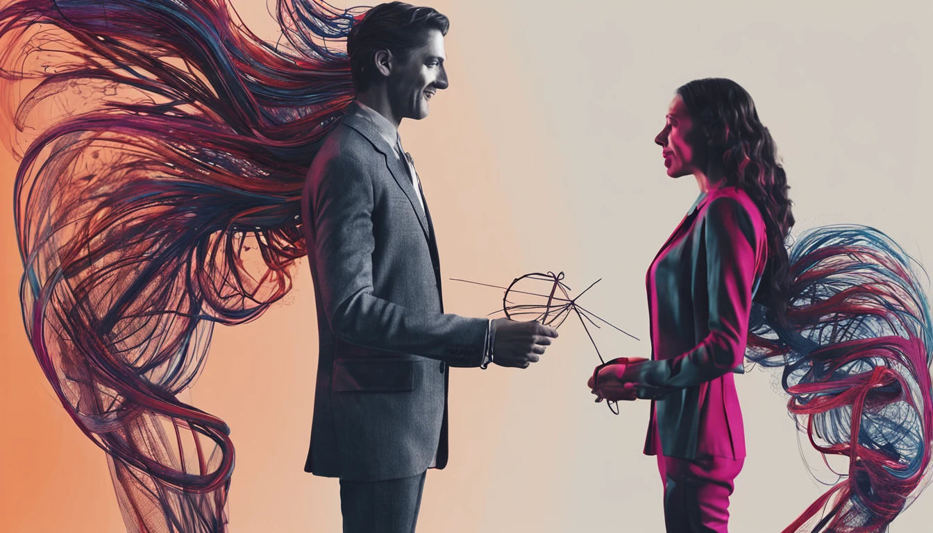 epic realistic, high-quality artwork of An image divided into two parts, one showing a person holding puppet strings (representing what we don't control) and the other part showing the same person releasing the strings and directing their energy towards something positive.