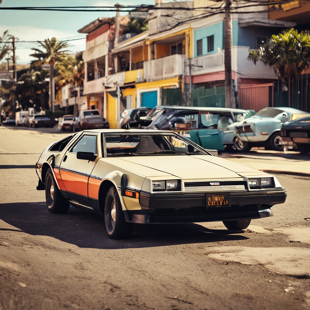 A retro sci-fi delorean car parked in the California neighborhood, no estilo hustlewave, 1980s, Post-Internet aesthetics, Onda de recife, Wet core, Transvanguardista, infantil