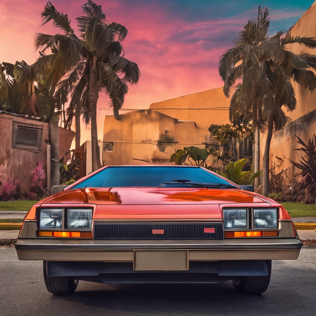 A retro sci-fi delorean car parked in the California neighborhood, no estilo hustlewave, 1980s, Post-Internet aesthetics, Onda de recife, Wet core, Transvanguardista, infantil