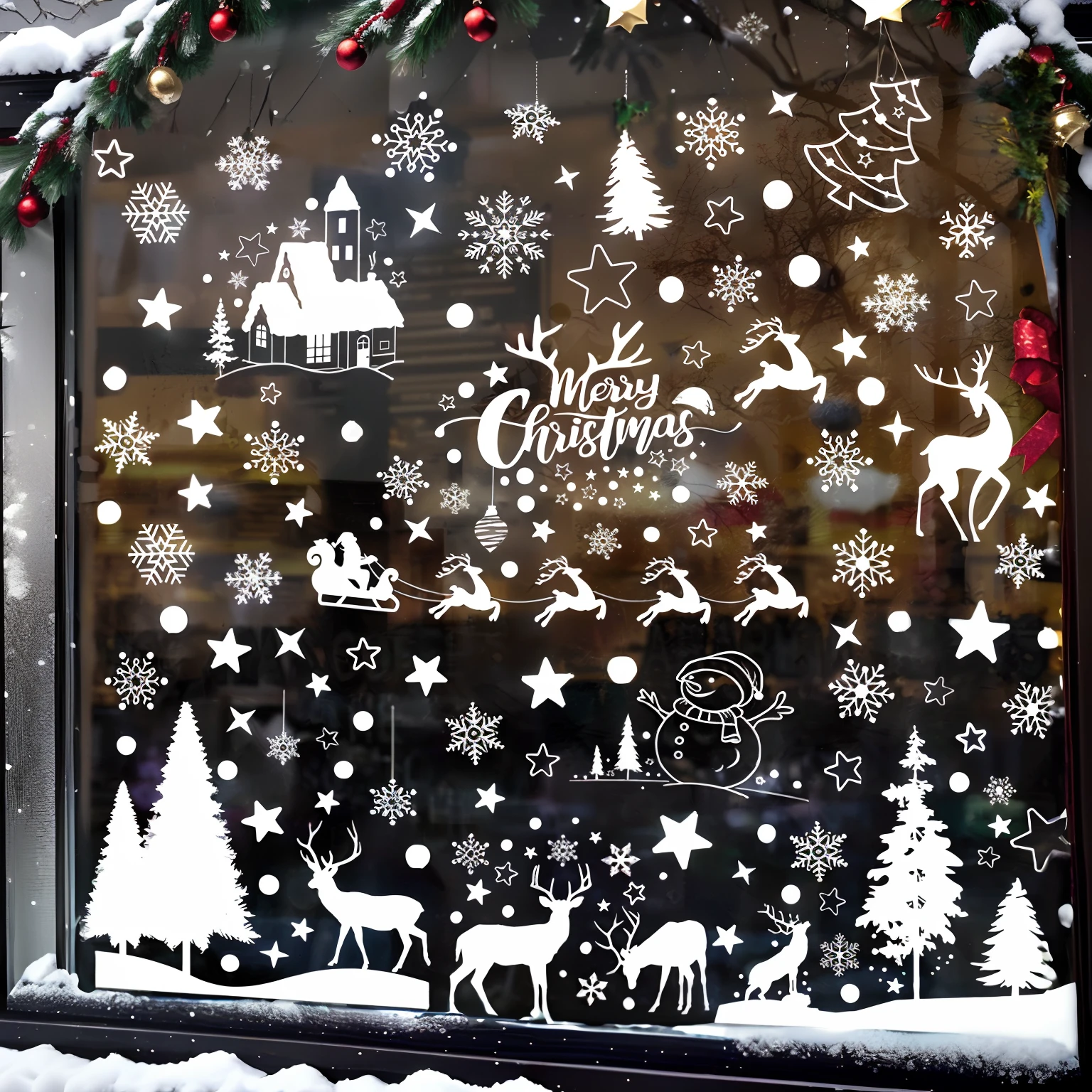 window frame，Silvertone，（Silver window frame：1.4），Christmas leaves，Christmas tree，Christmas branches，Bell，Christmas decorations
