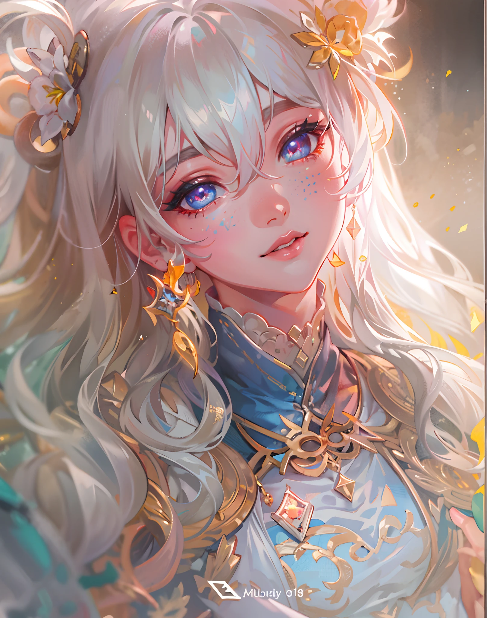 {{Masterpiece}}，Best quality at best，Very detailed CG unity 8K wallpaper，one-girl，电影灯光，lens flare glow，beatiful detailed eyes，Close-up，facial closeups，eye closeup，black in color，side looking，multicolour hair，Colorful light，particulate，（a color：1.5），（The color hair:1.5),perfect bodies，Perfect face，fashionable attire，clothes see-through，There is light in the eyes，Colored shiny spots，Sharp eyes，Blushlush