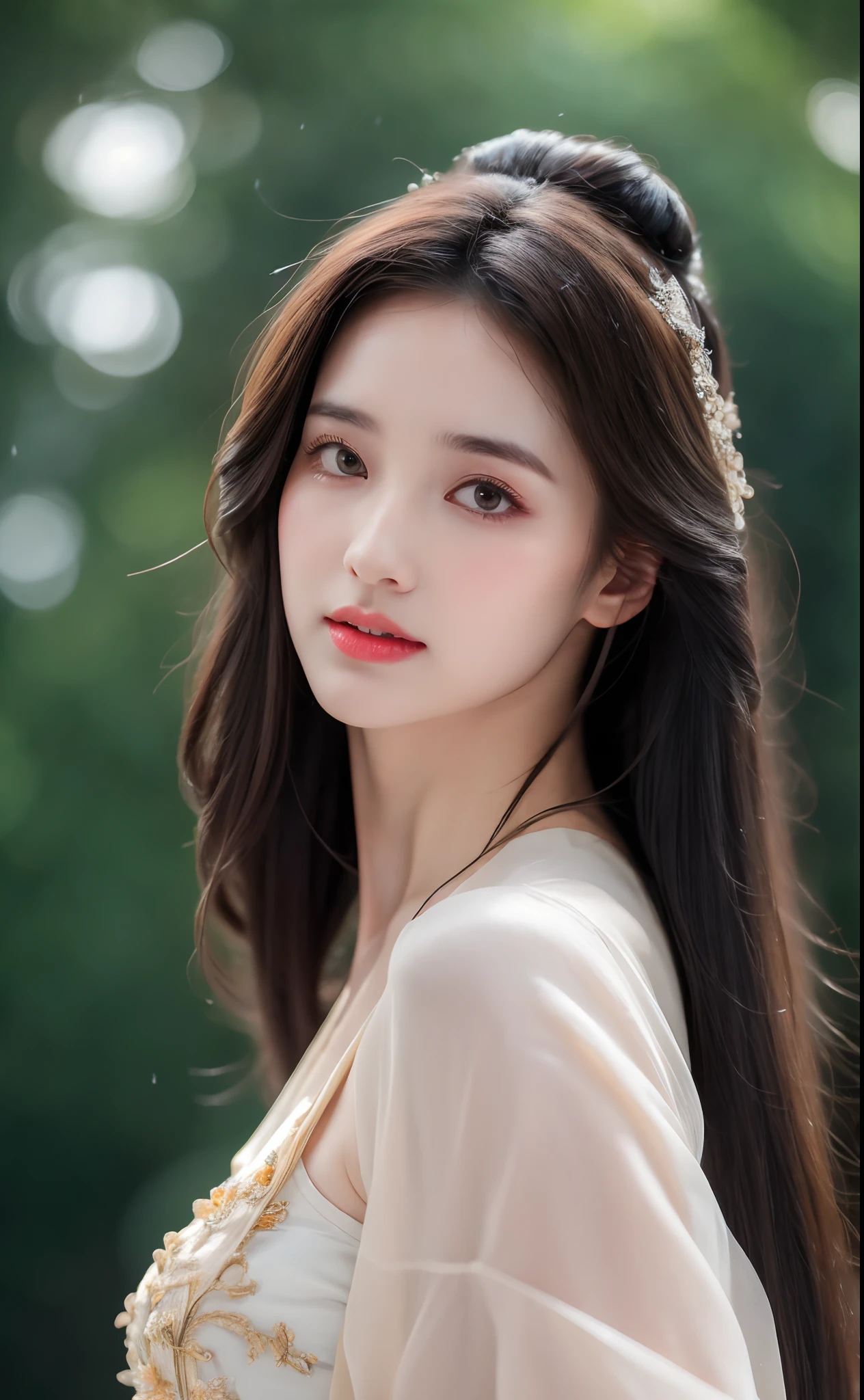 ((Best Quality, 8k, Masterpiece: 1.3)), Focus: 1.2, Perfect Body Beauty: 1.4, Buttocks: 1.2, ((Layered Haircut)), (Wet Clothes: 1.1), (Rain, Street:1.3), (Breasts: 1.2), (Hanfu: 1.2), Bare Shoulders, Bare Legs, Highly Detailed Face and Skin Texture, Fine Eyes, Double Eyelids, Whitened Skin, Long Hair, (Shut Up: 1.5), (Bokeh Background: 1.5), Big Breasts