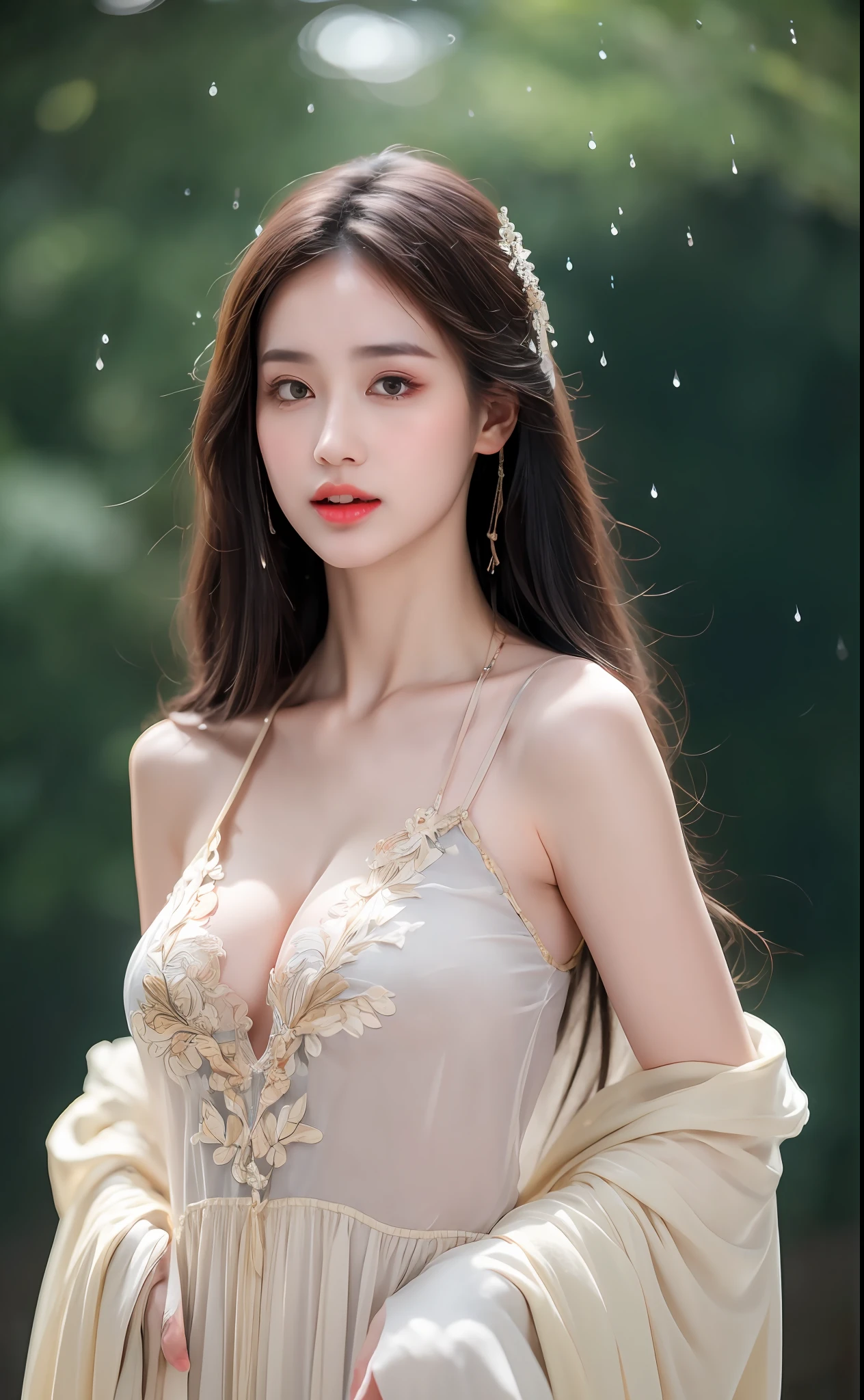 ((Best Quality, 8k, Masterpiece: 1.3)), Focus: 1.2, Perfect Body Beauty: 1.4, Buttocks: 1.2, ((Layered Haircut)), (Wet Clothes: 1.1), (Rain, Street:1.3), (Breasts: 1.2), (Hanfu: 1.2), Bare Shoulders, Bare Legs, Highly Detailed Face and Skin Texture, Fine Eyes, Double Eyelids, Whitened Skin, Long Hair, (Shut Up: 1.5), (Bokeh Background: 1.5), Big Breasts