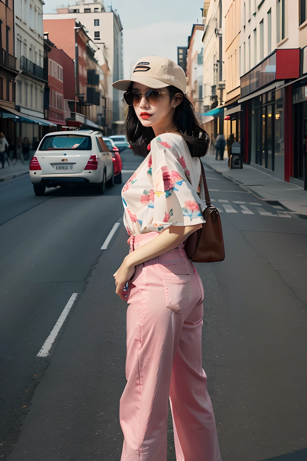 Modern retro:A modern retro cosmopolitan beauty,Fingers are normal and slender,Wear a pair of tight high-waisted flared pants,Wear yours with a loose print top。Her hairstyle is cleverly designed,It shows a strong retro style。Her makeup is full of personality,Pair it with a hat and a pair of exaggerated sunglasses,The whole look is full of fashion attitude。