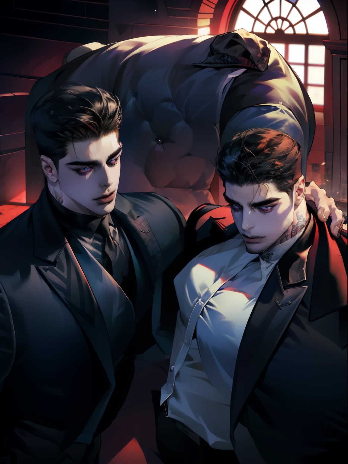 Mafia Noir Casino Gambling Bar Vampire dominant alpha gay couple macho sexy handsome demon adult men with tattoos big chest big abs slicked back hairstyle smoking red eyes charisma goth ((perfect face structure)) detailed stylized ((handsome male couple)) ((men kissing)) ((perfect eyes))