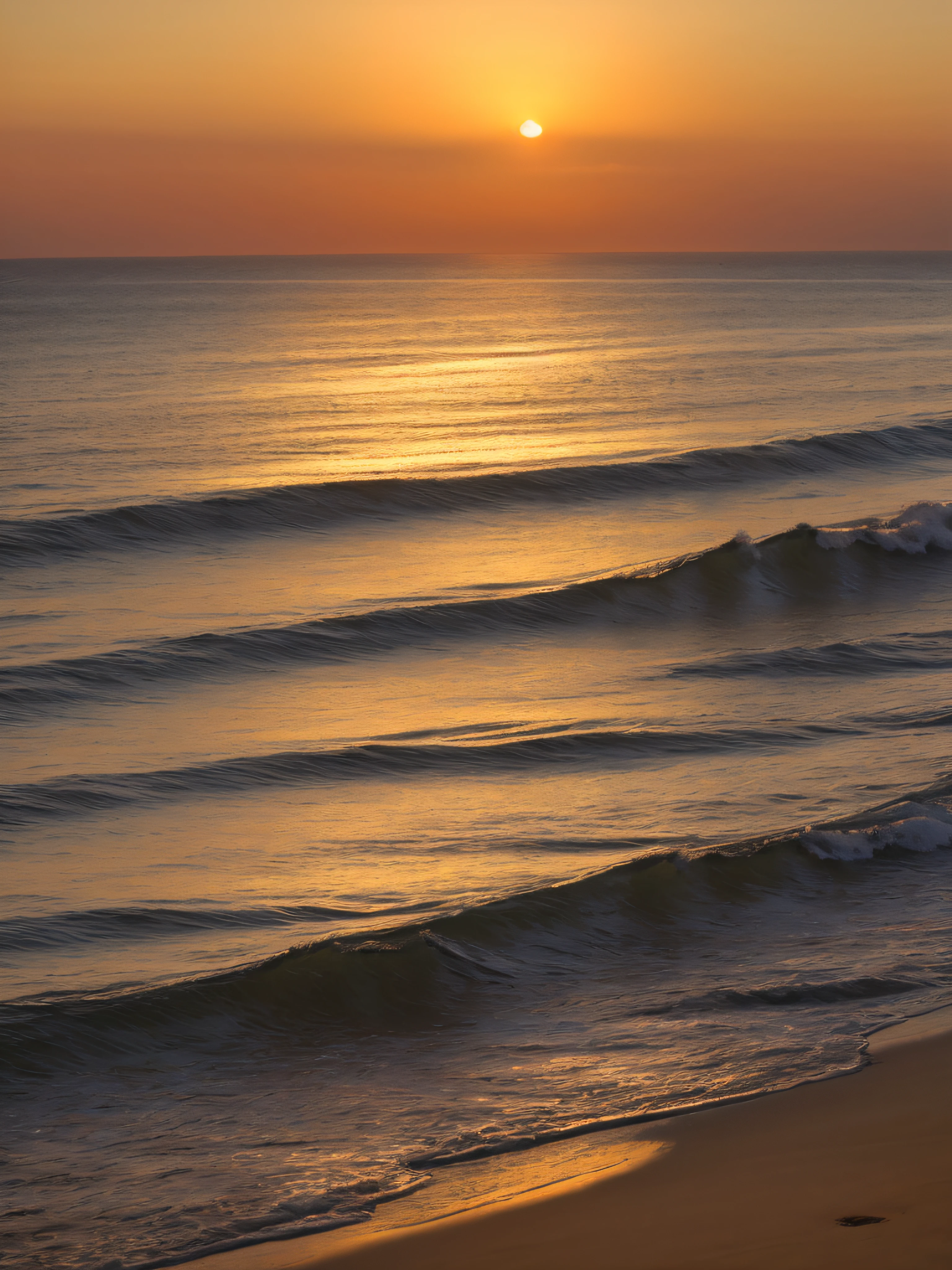 Plano de fundo de por do sol na praia, with waves and vast area of sand, com o horizonte alinhado