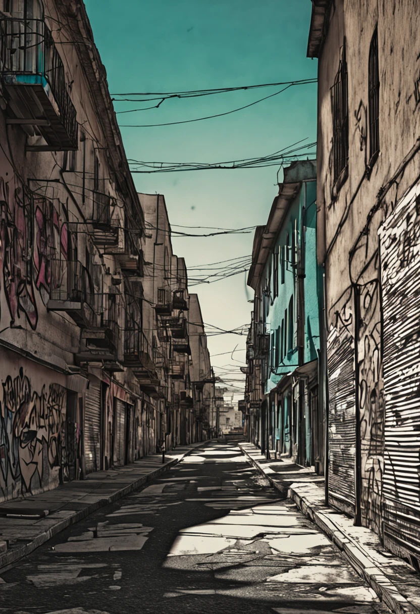 Uma estampa grunge que transporta o espectador para um beco urbano repleto de texturas arenosas e paredes cobertas de grafite. ofuscar, The grumpy lighting casts shadows that add depth to the scene. The engraving captures the raw energy of street art and the bold atmosphere of the city's suburbs, fotografia, Usando uma lente grande angular (24mm f/2.8) para capturar o ambiente imersivo