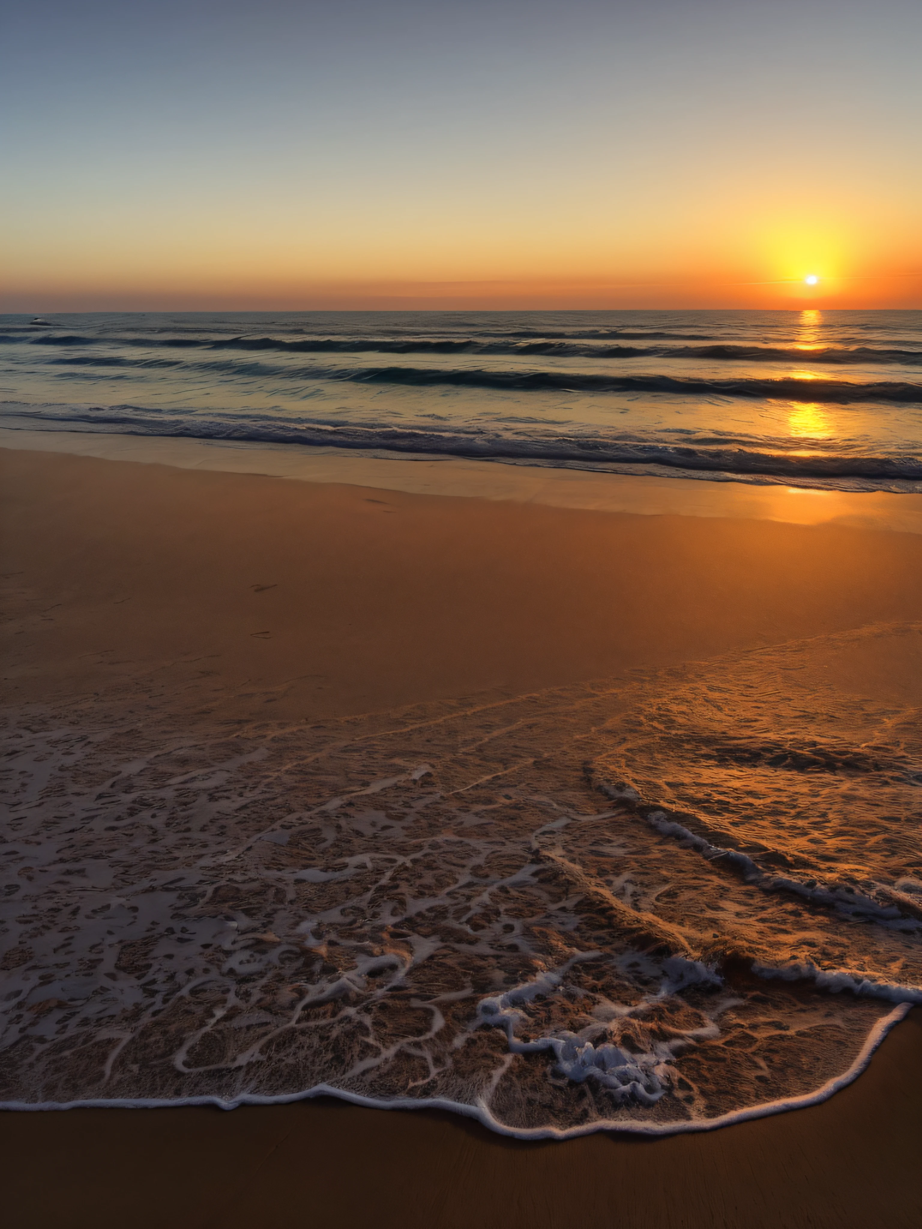 Plano de fundo de por do sol na praia, with waves and vast area of sand, com o horizonte alinhado