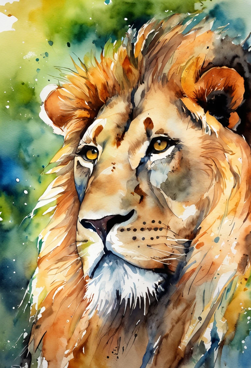 Imposing lion, rei da selva, colorido, aquarela