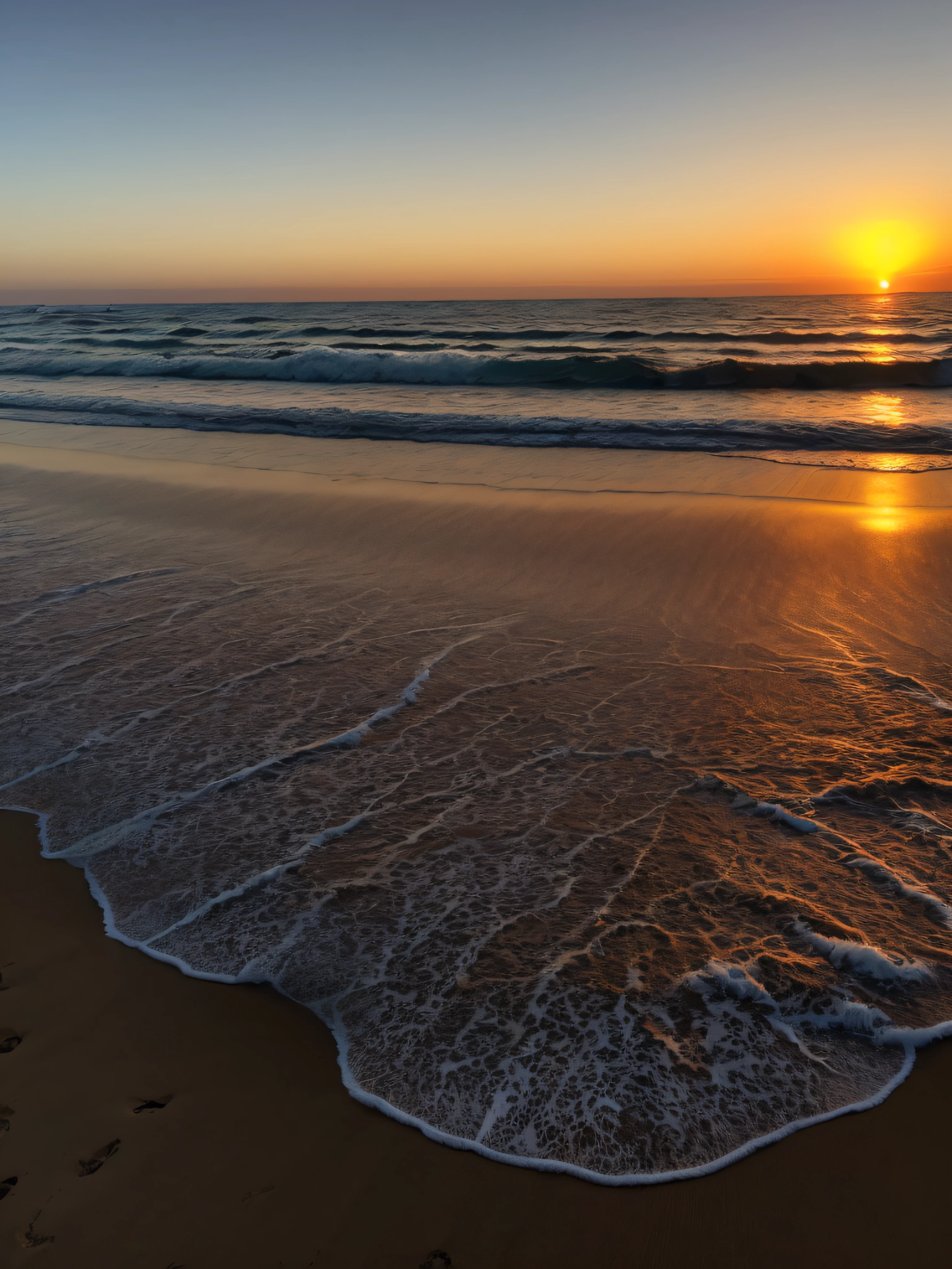 Plano de fundo de por do sol na praia, with waves and vast area of sand, com o horizonte alinhado