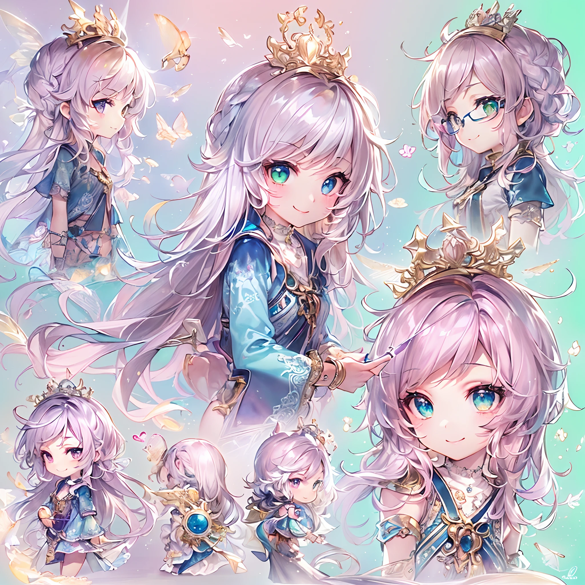 (Chibi:1.5)((masutepiece, of the highest quality, Watercolor art (Pendants), Beautiful and aesthetic: 1.2)), (Golden ratio: 1.2), (Full body: 1.2), (Super Detail: 1.3), (1 girl in: 1.3), (Fractal Art: 1.3), (Glitter Pupil)),(eye glass:1.5) ,(Iridescent hair, Colorful hair, Half light blue and half pink hair: 1.2)),  (Heterochromia), (Colorful: 1.5), (((Shy face)),  (full body Esbian), (Hyper-detailing), ((delicate detail)), (intricate-detail), ((Cinematic Light, Highest quality backlight)), High contrast, ((The best lighting, Very delicate and beautiful)), (( Cinematic Light)), (ray trace reflection, Glow), (((glowing aura)), ((Glowing hair)), ((Super Detail)), (8K)), ((a closeup)),  ((Seductive smile)) ,((FULL BODYSHOT))