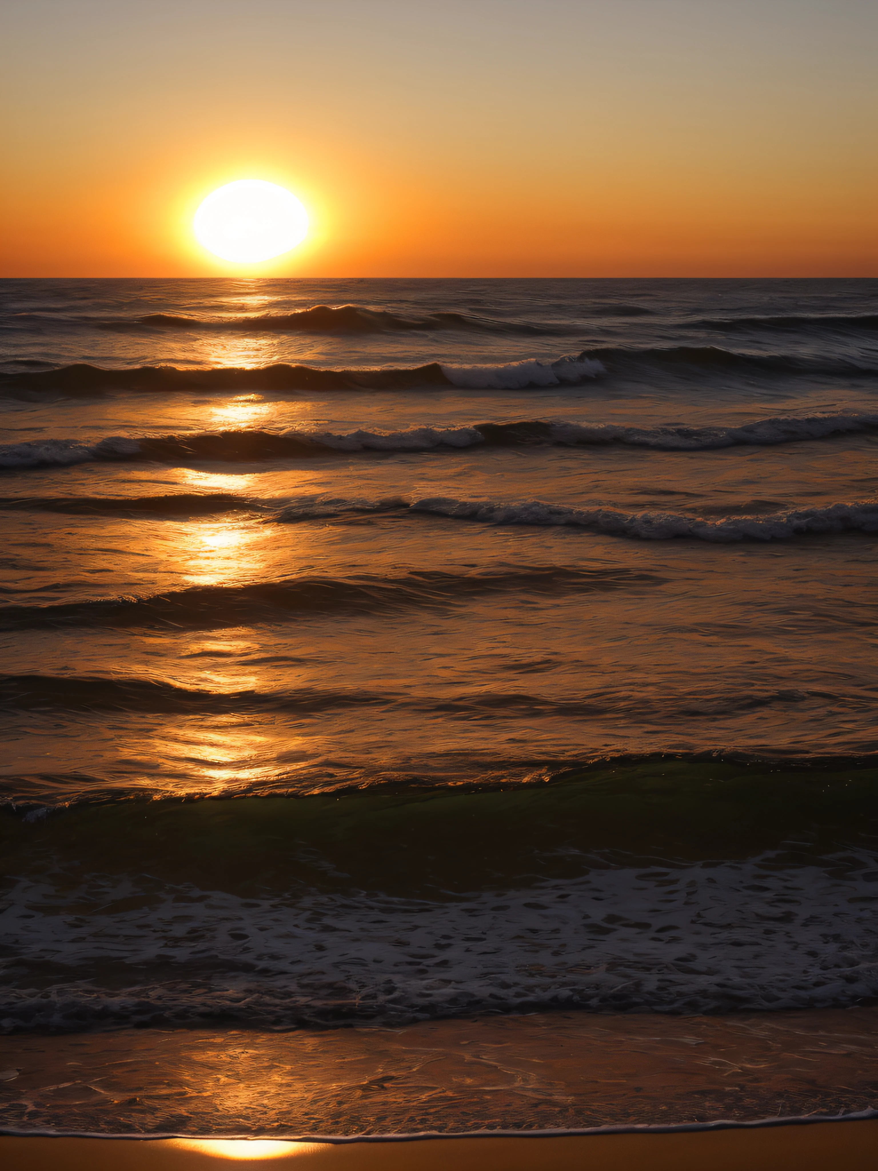 Plano de fundo de por do sol na praia, with waves and vast area of sand, com o horizonte alinhado