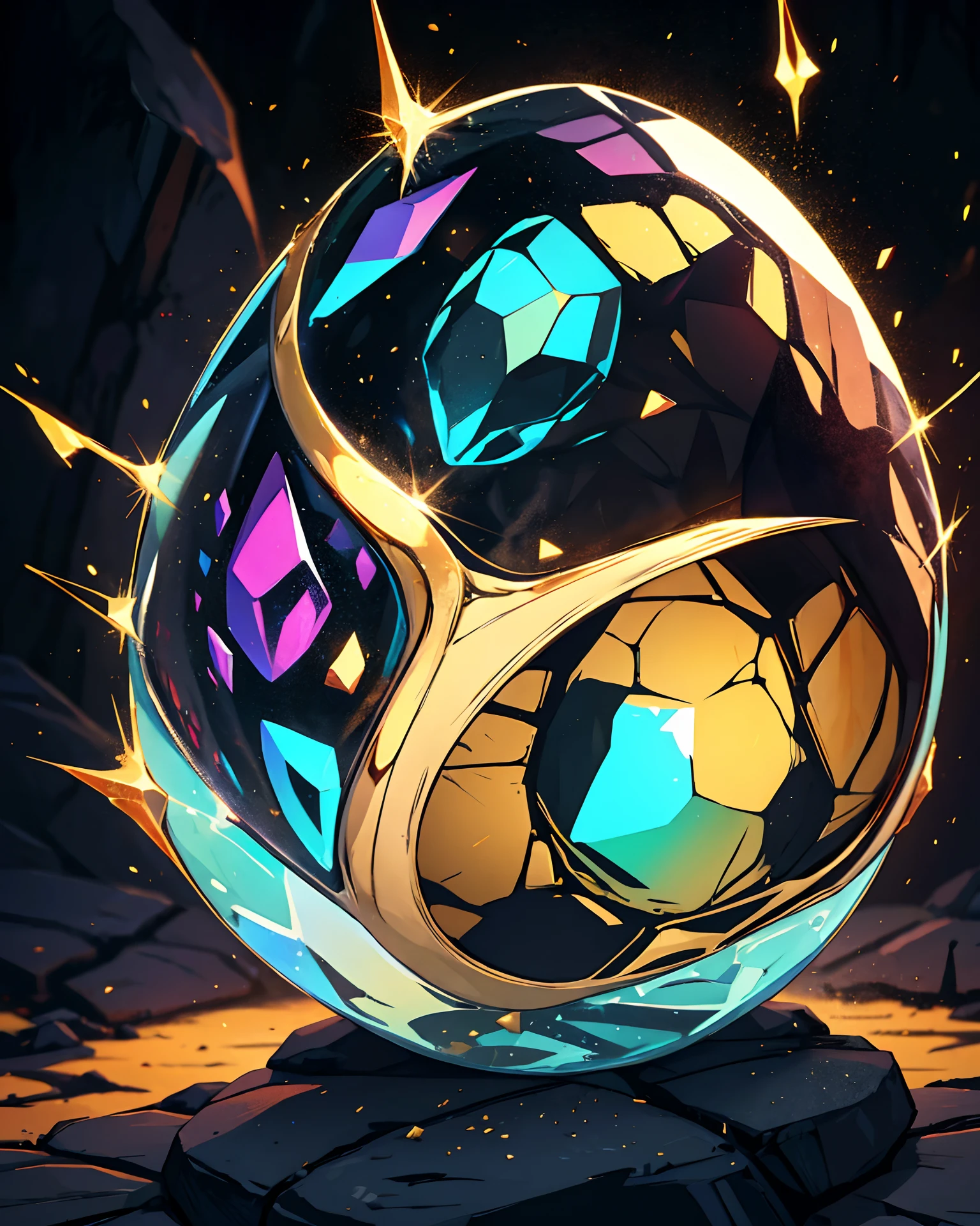 crystalline rock forms dragon egg with silver and gold metal dragon scale half-shell, by mjart, placed on black lava rock, background dark cave with purple ambient light,