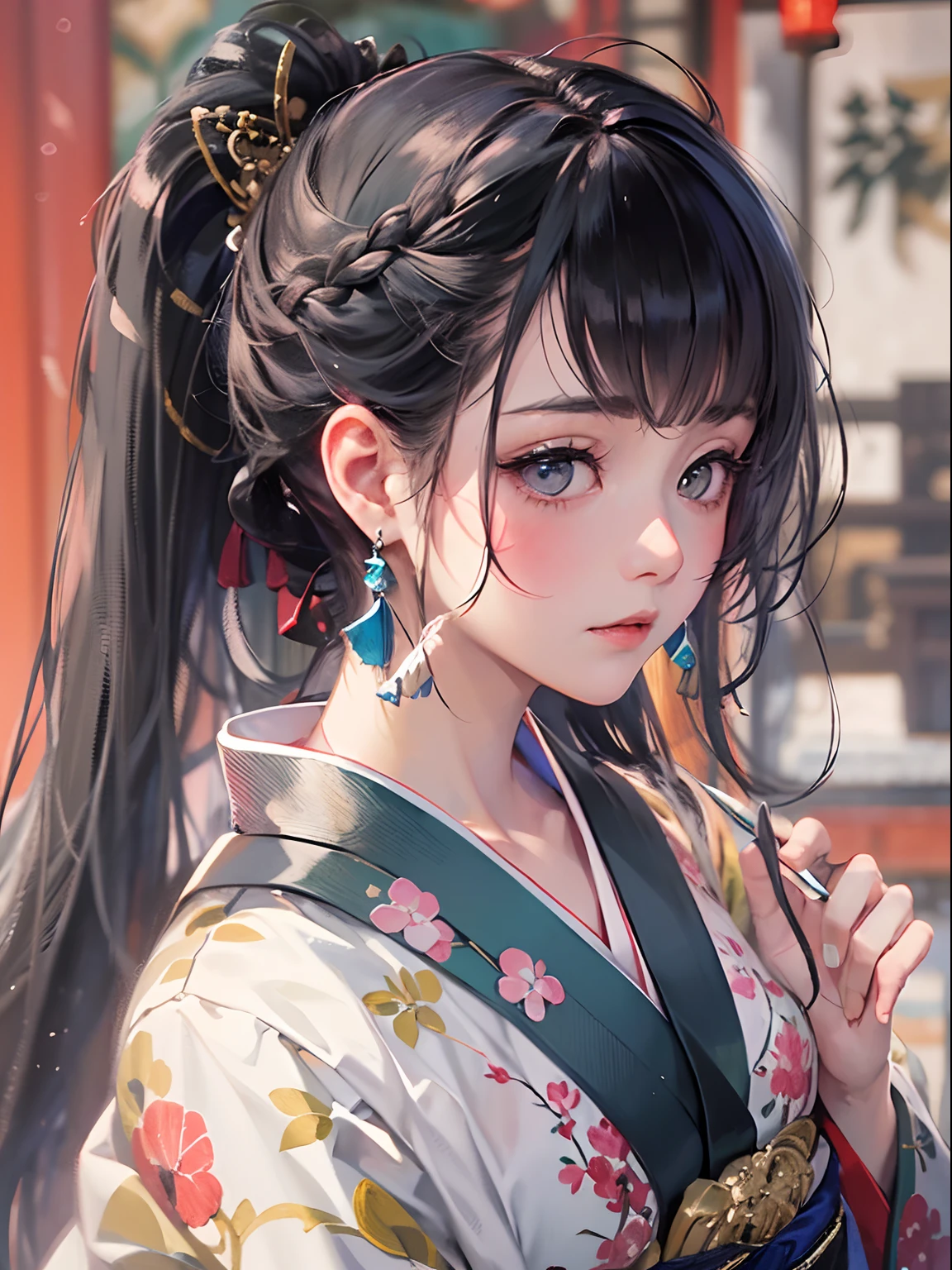 (8K、top-quality、masterpiece)、Romance of the Taisho era、japanese kimono、Beautiful adult woman、Graceful、Writer's research,((hyper gigantic breasts)),Pensive、boredom、Sentimental、suffocating、Enlightened look、Blurred world、illusion、long-haired with black hair、Ahoge、braid ponytail、