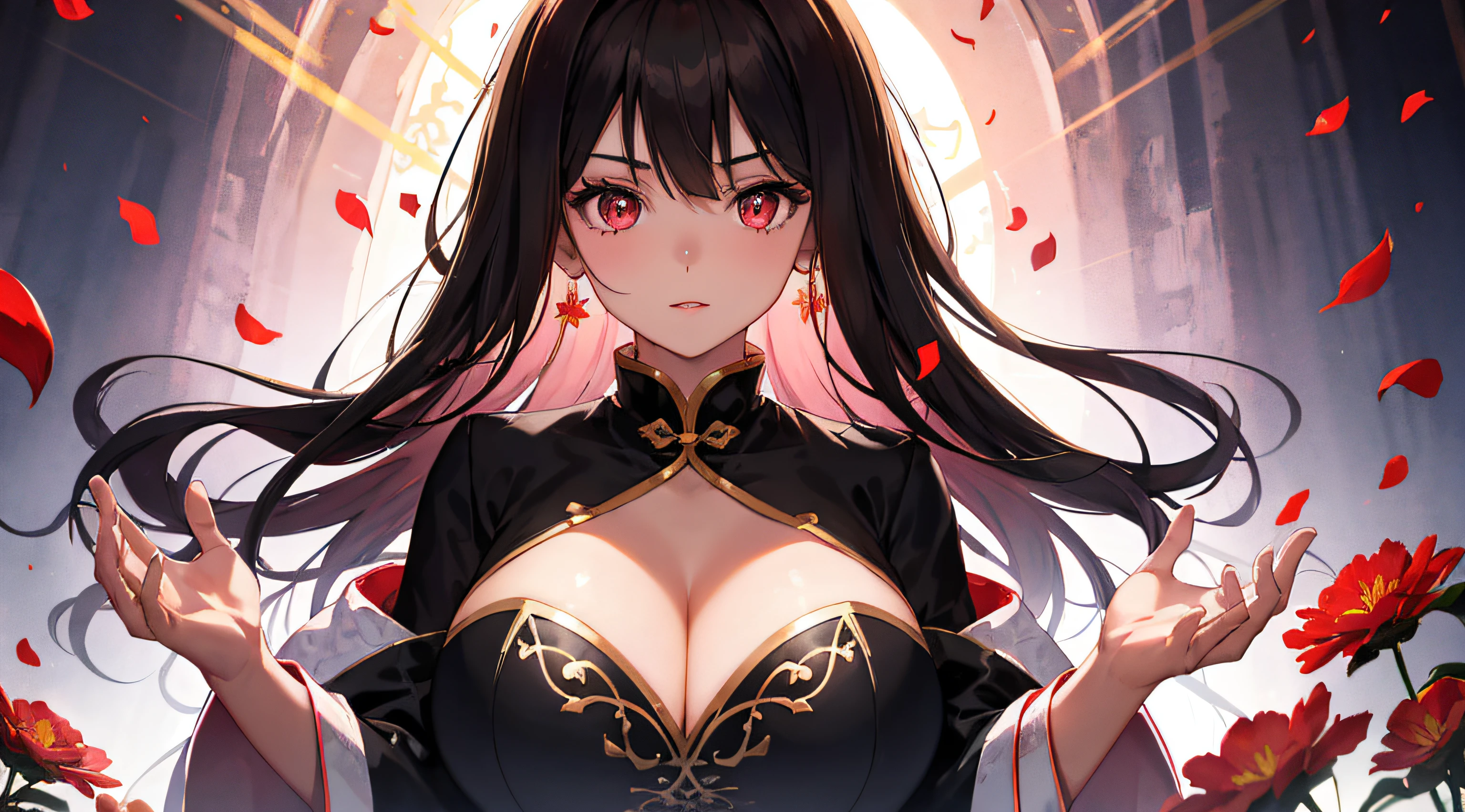 1girl,brunette color hair,red - eyed,Fire Witch,gigantic cleavage breasts,Blood,light particules,llight rays,Wallpapers,hight contrast,Dazzle,Pink petal background, Chinese long sleeve tulle python robe