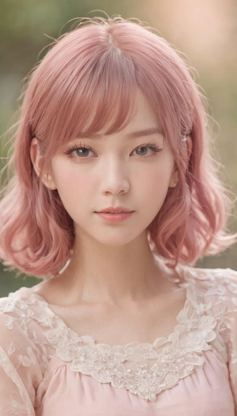 upper body, Rebecca, Eye shape Large round eyes (with a gentle and innocent expression), Hair mode Shoulder length pink hair (with bangs framing her face), Hair color Pink, Skin tone Fair, Nose shape Small and slightly upturned, Mouth shape Usually shown (with a sweet and sincere smile), Head shape Soft and rounded (with a youthful and charming appearance), Eyebrow shape Thin and gently curved eyebrows.