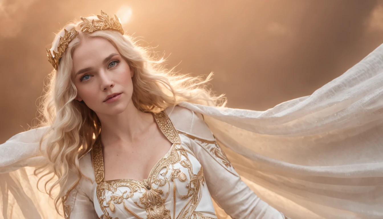 ((best quality)), ((masterpiece)), ((inked)), (sunset:1.2), (dynamic flying action pose:1.3), 1girl, majestic intricately detailed soft oil painting by jim lee, body portrait, low angle, a beautiful blonde blue eyed female archangel, (long blonde curls:1.2), (halo:1.2), Soft facial features, (Cara Delevigne:0.8)|(jennifer connoly:1.1), (white feathered wings:1.2), (white enamel armor with detailed golden inlay scroll work), ((sheer white silk)), (glowing gold halo:1.3), in the sky, (heavenly gold lined clouds background:1.3), professional full body shot, dramatic cinematic lighting, soft edge lighting, (bloom:1.2), photographed on a Canon EOS R5, 50mm lens, F/2.8, HDR, professional, dramatic cinematic lighting, (god rays:1.3), (backlit:1.2), hard edge lighting, warm vibrant colors, (swirling flower petals:1.3), cinematic Film still from wrath of the titans|the lord of the rings|(dogma:0.8)|(krull:0.1|the void