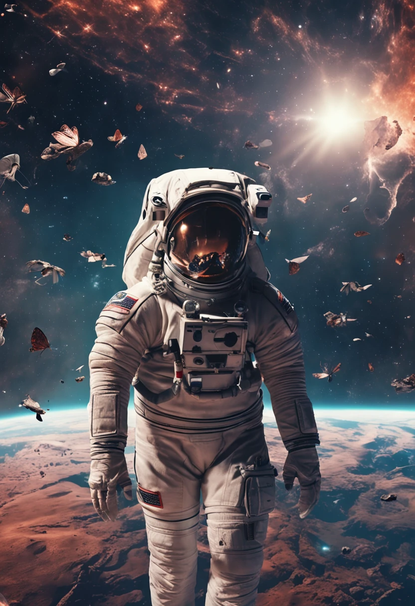 A close-up of a man in a spacesuit，Butterflies flutter around，fully space suited，lonely astronaut，liminal space in outer space，A person wanders in a dark space,8k,realisticlying