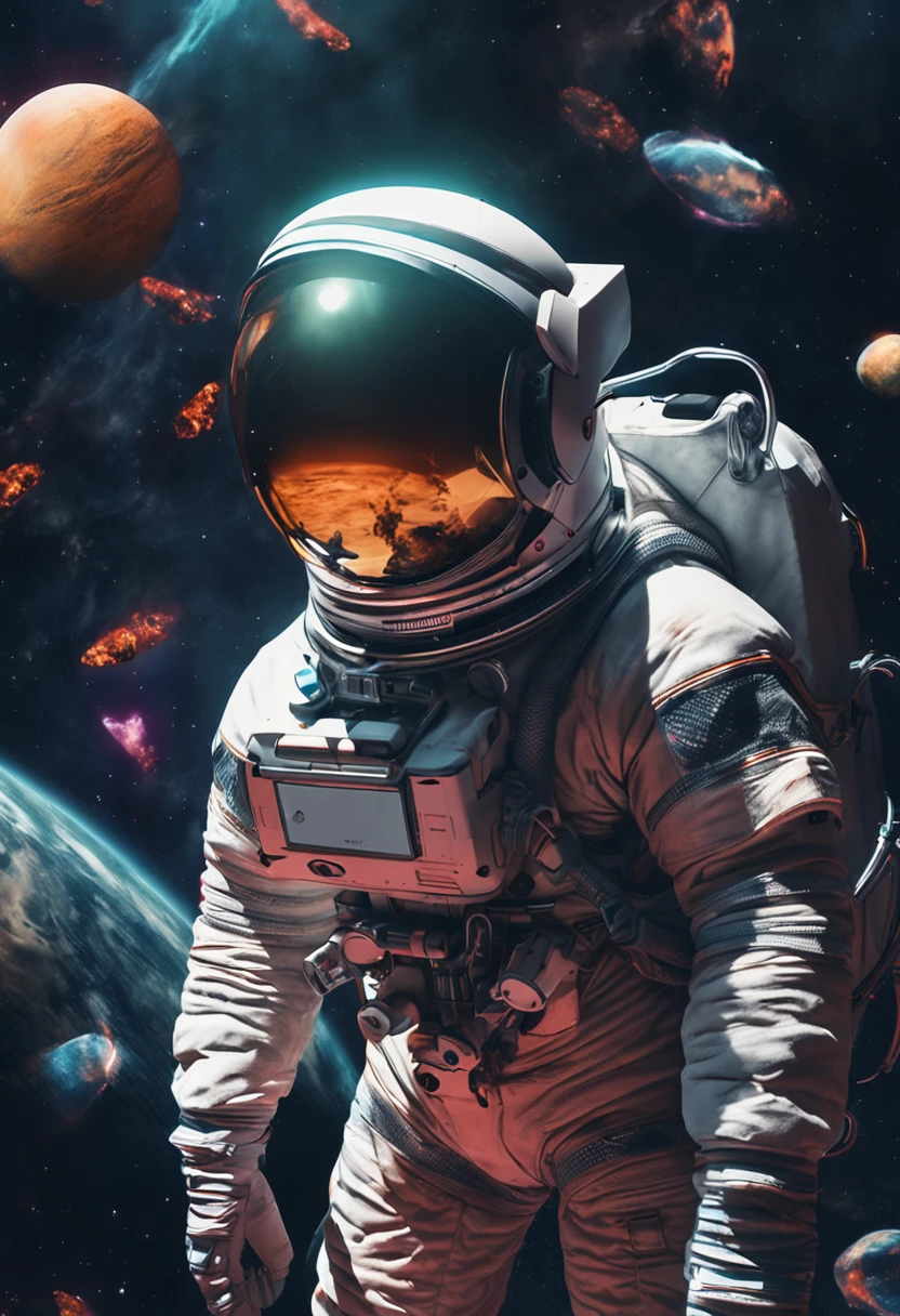 A close-up of a man in a spacesuit，Butterflies flutter around，fully space suited，lonely astronaut，liminal space in outer space，A person wanders in a dark space,8k,realisticlying