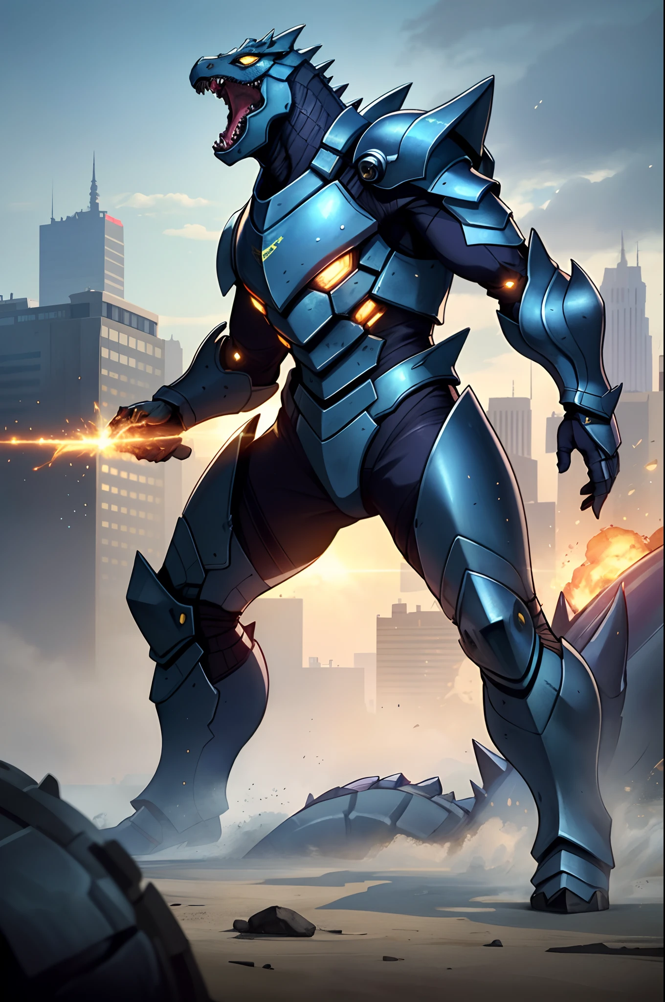 A high-tech combat armor suit inspired by Godzilla concept, Godzilla concept biotech battle armor, (Natural light, professional lighting:1.2, cinematic lighting:1.5, best shadow), (masterpiece:1.5), high definition, best quality, ultra-detailed, extremely delicate, anatomically correct, creativity, RAW photo, unreal engine 5, High-tech armored suits, psychedelic details, BiophyllTech, (add electric power around), fantasy, ultra intricately detailed, Ultra-complex design, A bio-sensitive high-tech battle armor suit infused with Godzilla characteristics, The angular design on the body is illuminated and the display is charging, (energy waves, Energy particles), octane render, perfect images quality, realistic, sure real, full hd, 32k, ((character concept art)), full body character drawing
