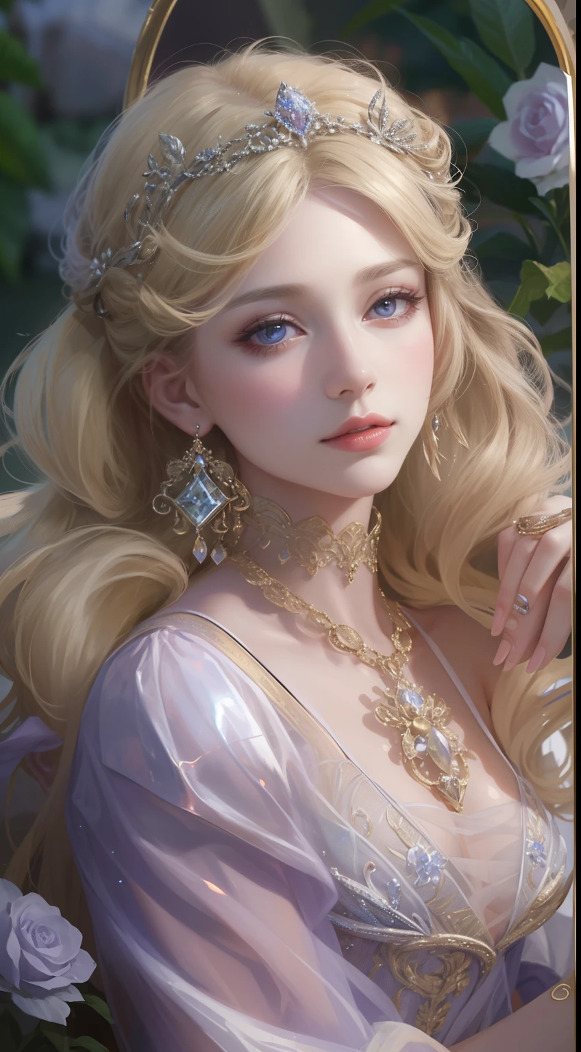 tmasterpiece，Highest high resolution，Dynamic bust of beautiful aristocratic maiden，Blonde hair is elegantly coiled，Purple clear eyes，The hair is covered with beautiful and delicate floral craftsmanship, Crystal jewelry filigree，Ultra-detailed details，upscaled。