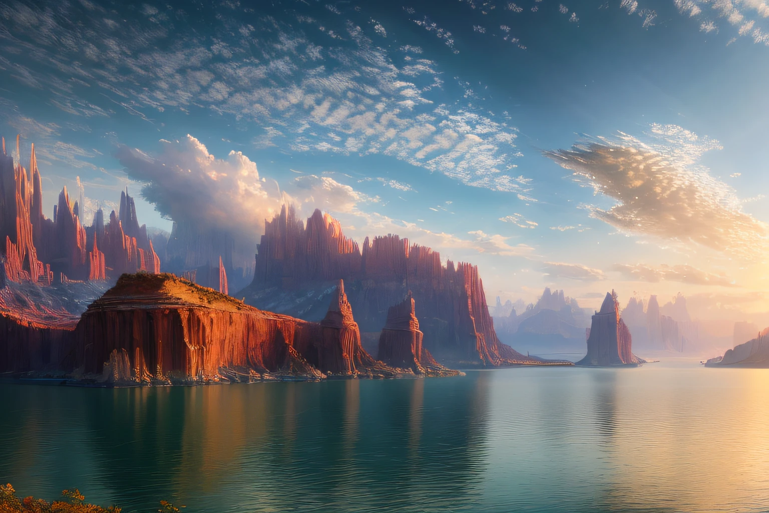 paysage futuriste, Eau, (Highly detailed CG Unit 8k wallpaper), The most beautiful work of art in the world, Professional majestic oil painting, complexe, High detail, mise au point nette, dramatique, Art of photorealist painting,