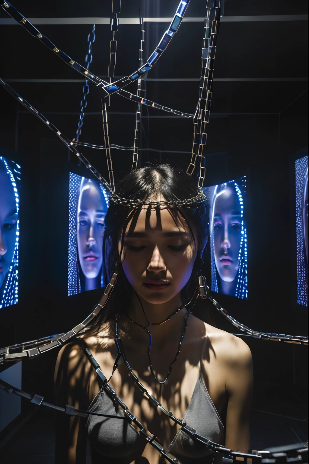 It creates a 3D image: a room surrounded by LCD screens on its walls. In the center, a human head emerges dramatically from a tangle of chains on the floor, the gaze reflecting melancholy. The head occupies much of the composition, artistically merging with the chains. Soft lighting highlights details while LCD screens project abstract colors. The scene evokes a sense of introspection, capturing the duality between technology and human emotion.