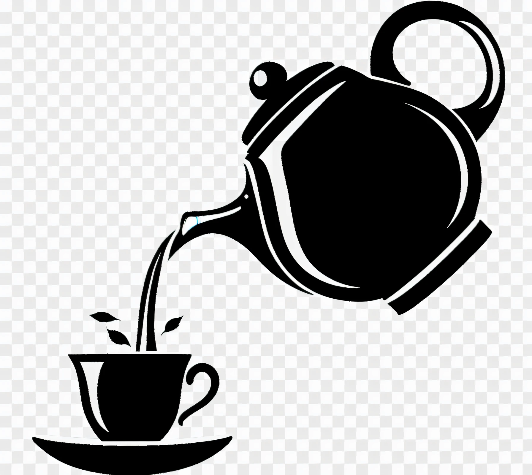 a teapot pouring tea into a cup on a saucer, stands ((drinking a cup of tea)), drinking tea, Derramamento, bule : 1, bule, Chaleira, Tea, next to a cup, Carregado, coffee shop, cup of coffee, steaming coffee, Secret Tea Society, tea party, svg illustration, arte vetorial em preto e branco, ☕ em cima da mesa