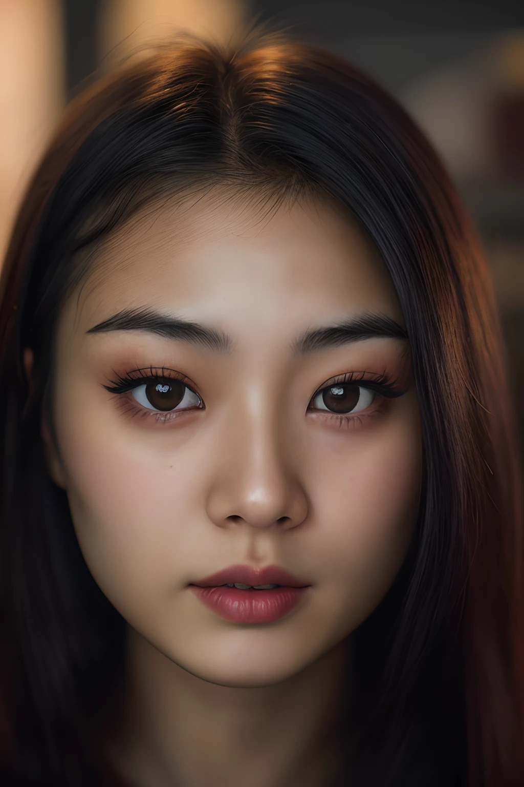 (close-up, editorial photograph of a 21 year old Japanese woman), (highly detailed face:1.4) (smile:0.7) (background inside dark, moody, private study:1.3) POV, by lee jeffries, nikon d850, film stock photograph ,4 kodak portra 400 ,camera f1.6 lens ,rich colors ,hyper realistic ,lifelike texture, dramatic lighting , cinestill 800, professional makeup