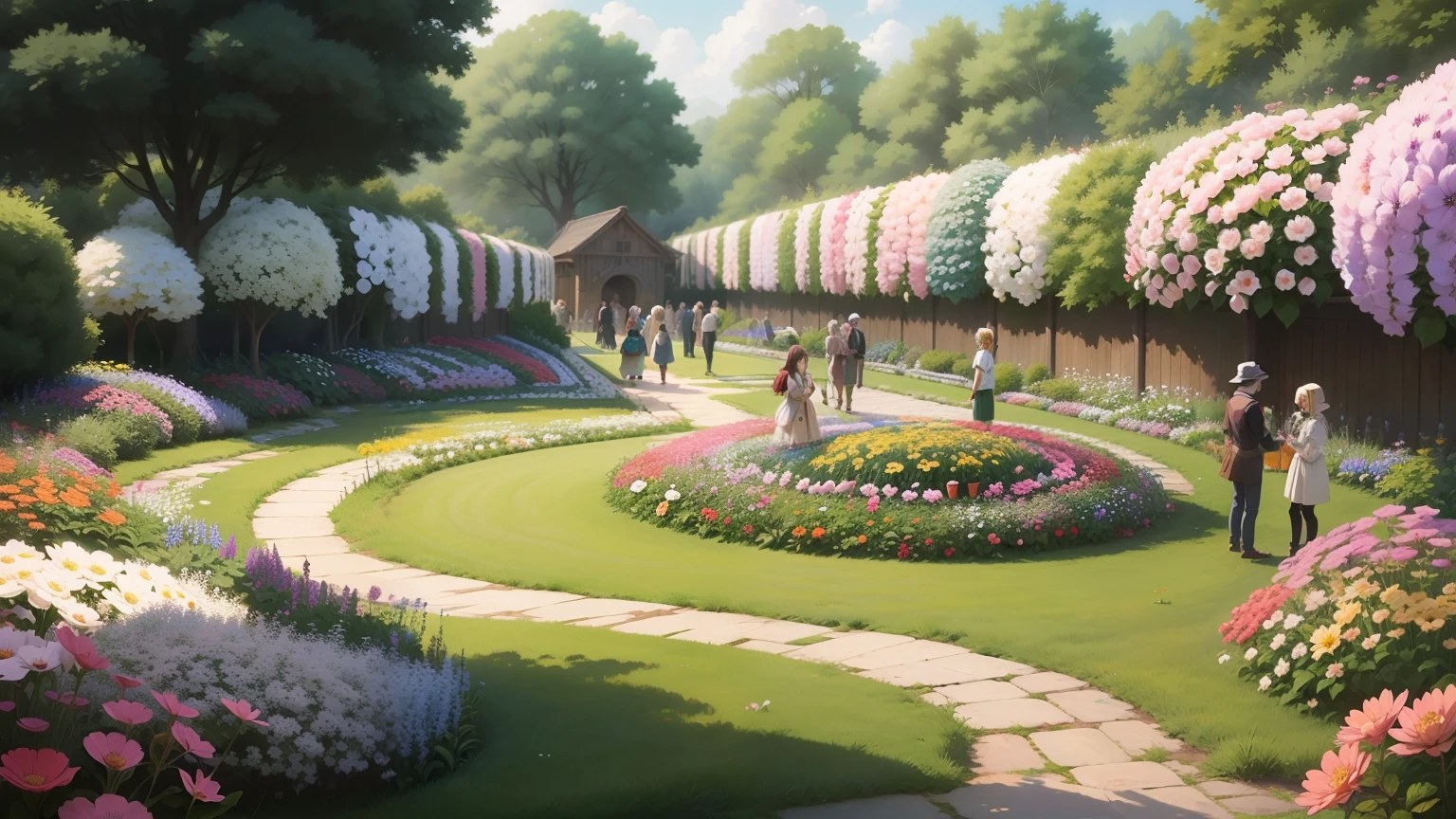 Anime picture of many villagers in a beautiful garden, looking and watering flowers, many gardeners, crowded with various kinds of flowers, varying colours, varying sizes, enormous flowers, big flowers, small flowers, many many flowers, magical, joyful people, smiling people