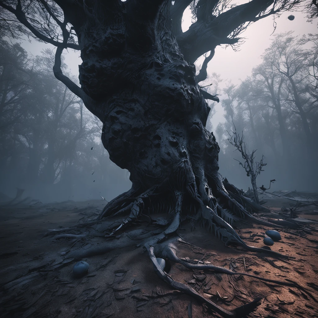 Two crows on a dead tree, A shadow shaped like a walker, Starry night, Thick fog on the ground, Blue light on the horizon, Unreal Engine 5, Cinematic, low angle photography, Motion blur, Depth of field, Dust, Cobblestones and dirt. Splash Art, dripping paint. Perfect color grading. Influenced by Karel Appel and Jeremy Mann, Full of dramatic and threatening scenes, Hyper-detailed,，Nightmare vision， Dark fantasy plot，Perfect and excellent composition，8K分辨率，the detail，limitations，wide - angle shot，background inside dark，Jack Guzman's environmental art photography，realisticlying，cinematic compositions，Volumetriclighting，A high resolution，vividness, A detailed, Amazing,Colorful clouds float，true to life, Pubic area is clear, flawless perfection, Digital SLR, 16k, 1024, 2048, 4096, A detailed, Sharp, best qualtiy, high qulity, absurderes，unmanned background，The is very detailed、Detailed lighting shadows，Trends on ArtStation、iintricate、high detal、dramatics、Midjourney Art（Volumetriclighting：1.2）hdr shot。（Faraway view，Super deep view，ultra-wide-angle，Microfocal length lens：1.2）（realisticlying：1.4）tmasterpiece、high high quality、Beautiful photography、globalillumination、