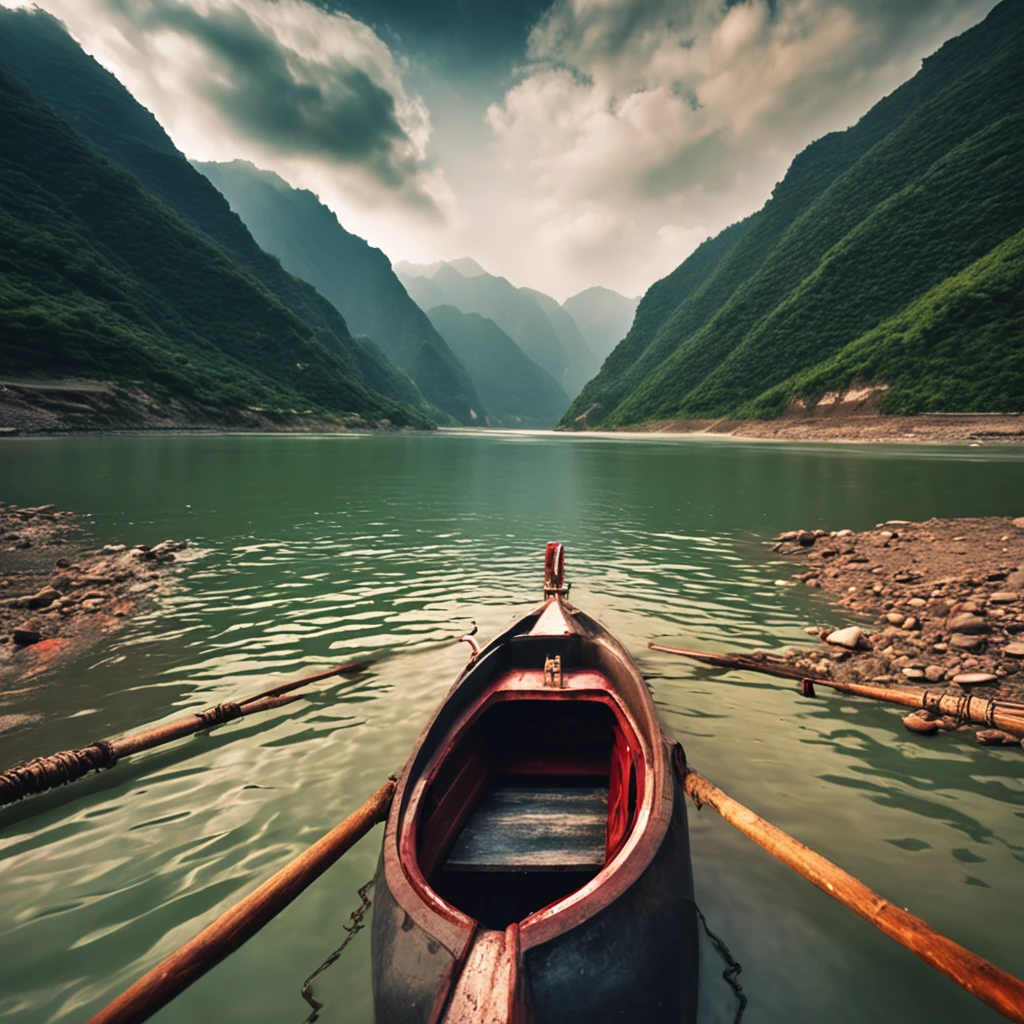 There is a river in the middle of the extremely high mountains of the Yangtze River in China, When the boat is moving forward in the river. The scenery is very beautiful, 64K HD images