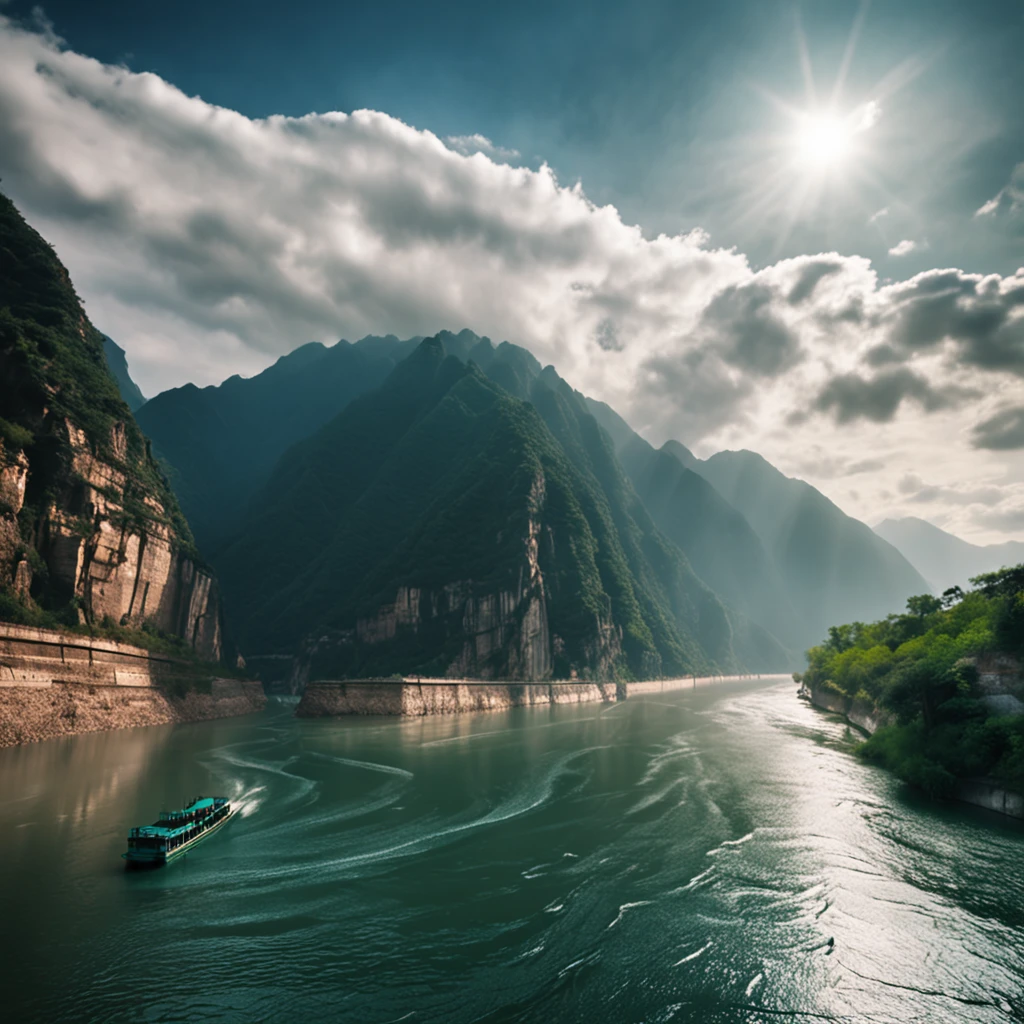 There is a river in the middle of the extremely high mountains of the Yangtze River in China, When the boat is moving forward in the river. The scenery is very beautiful, 64K HD images