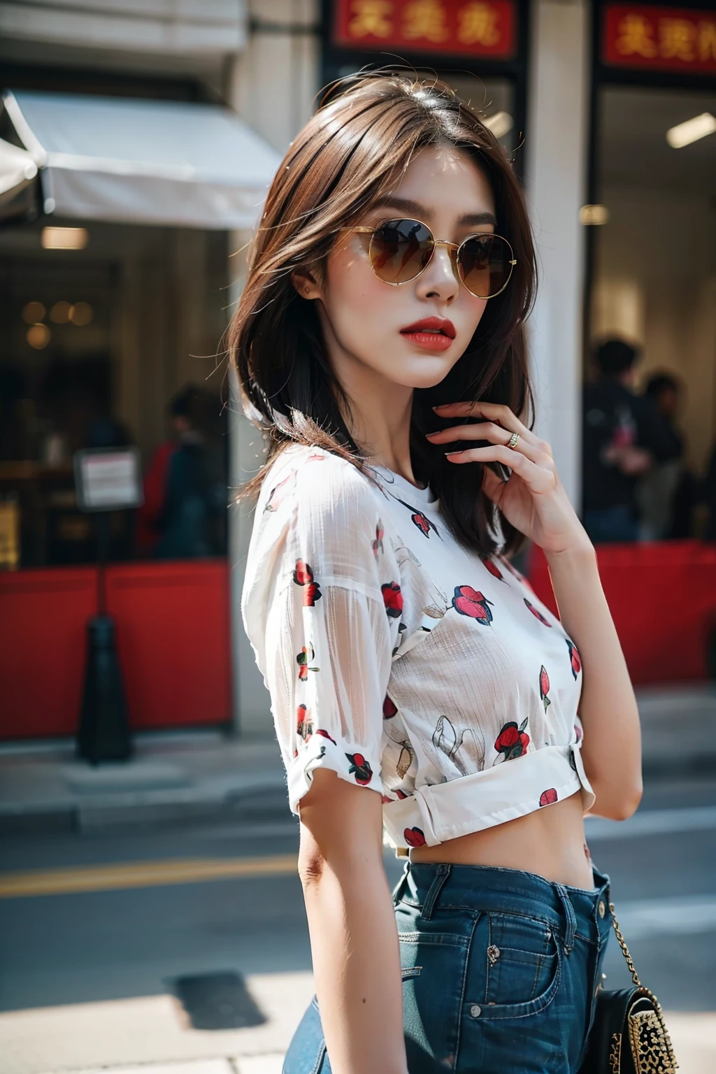 Modern retro:The face is detailed and perfect,Melon seed face,Perfect nose,perfect lips,A modern retro cosmopolitan beauty,Fingers are normal and slender,Wear a pair of tight high-waisted flared pants,Wear yours with a loose print top。Her hairstyle is cleverly designed,It shows a strong retro style。Her makeup is full of personality,Pair it with a hat and a pair of exaggerated sunglasses,The whole look is full of fashion attitude。