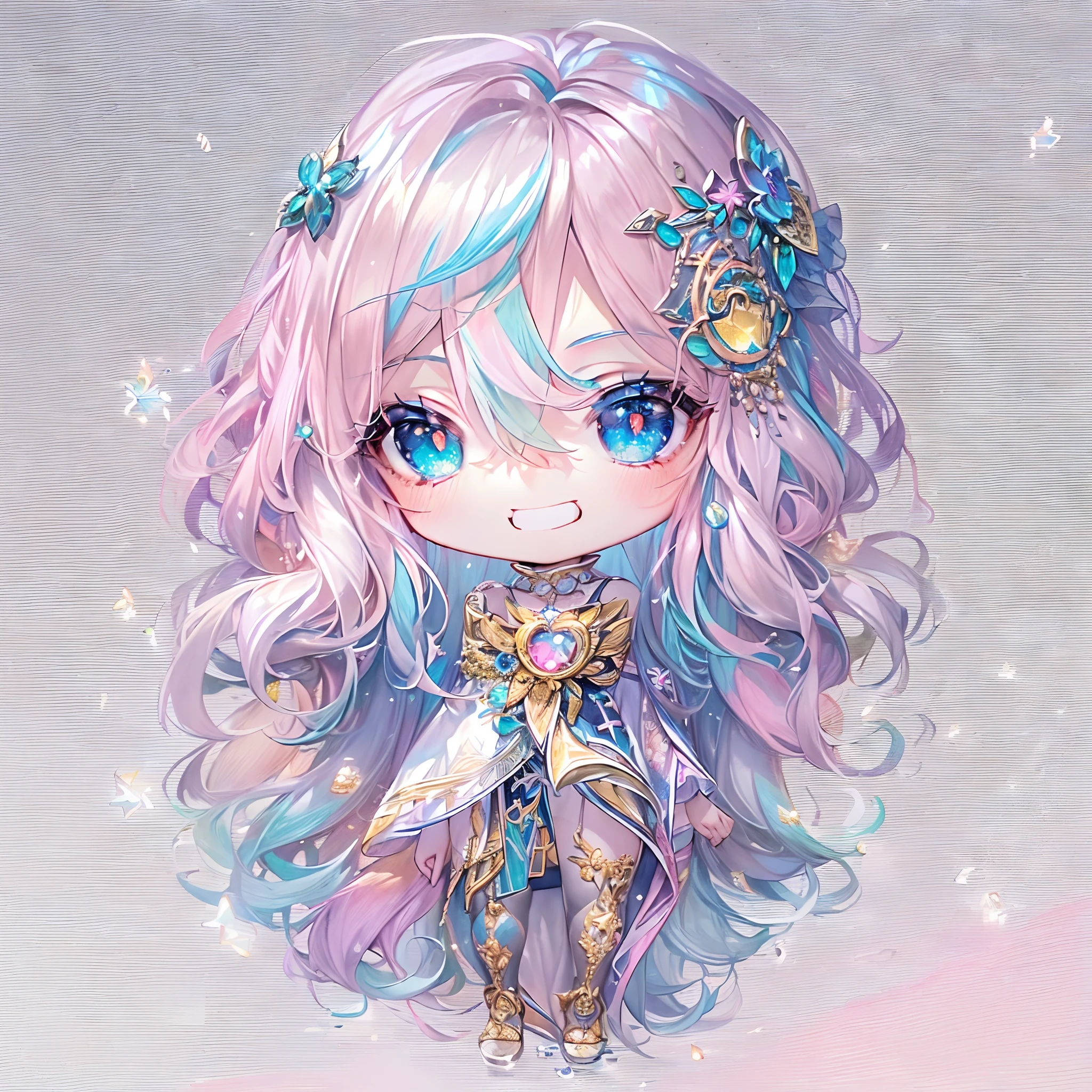 (Chibi:1.5)((masutepiece, of the highest quality, Watercolor art (Pendants), Beautiful and aesthetic: 1.2)), (Golden ratio: 1.2), (Full body: 1.2), (Super Detail: 1.3), (1 girl in: 1.3), (Fractal Art: 1.3), (Glitter Pupil)),(eye glass:1.5) ,(Iridescent hair, Colorful hair, Half light blue and half pink hair: 1.2)),  (Heterochromia), (Colorful: 1.5), (((Shy face)),  (full body Esbian), (Hyper-detailing), ((delicate detail)), (intricate-detail), ((Cinematic Light, Highest quality backlight)), High contrast, ((The best lighting, Very delicate and beautiful)), (( Cinematic Light)), (ray trace reflection, Glow), (((glowing aura)), ((Glowing hair)), ((Super Detail)), (8K)), ((a closeup)),  ((Seductive smile)) ,((FULL BODYSHOT))