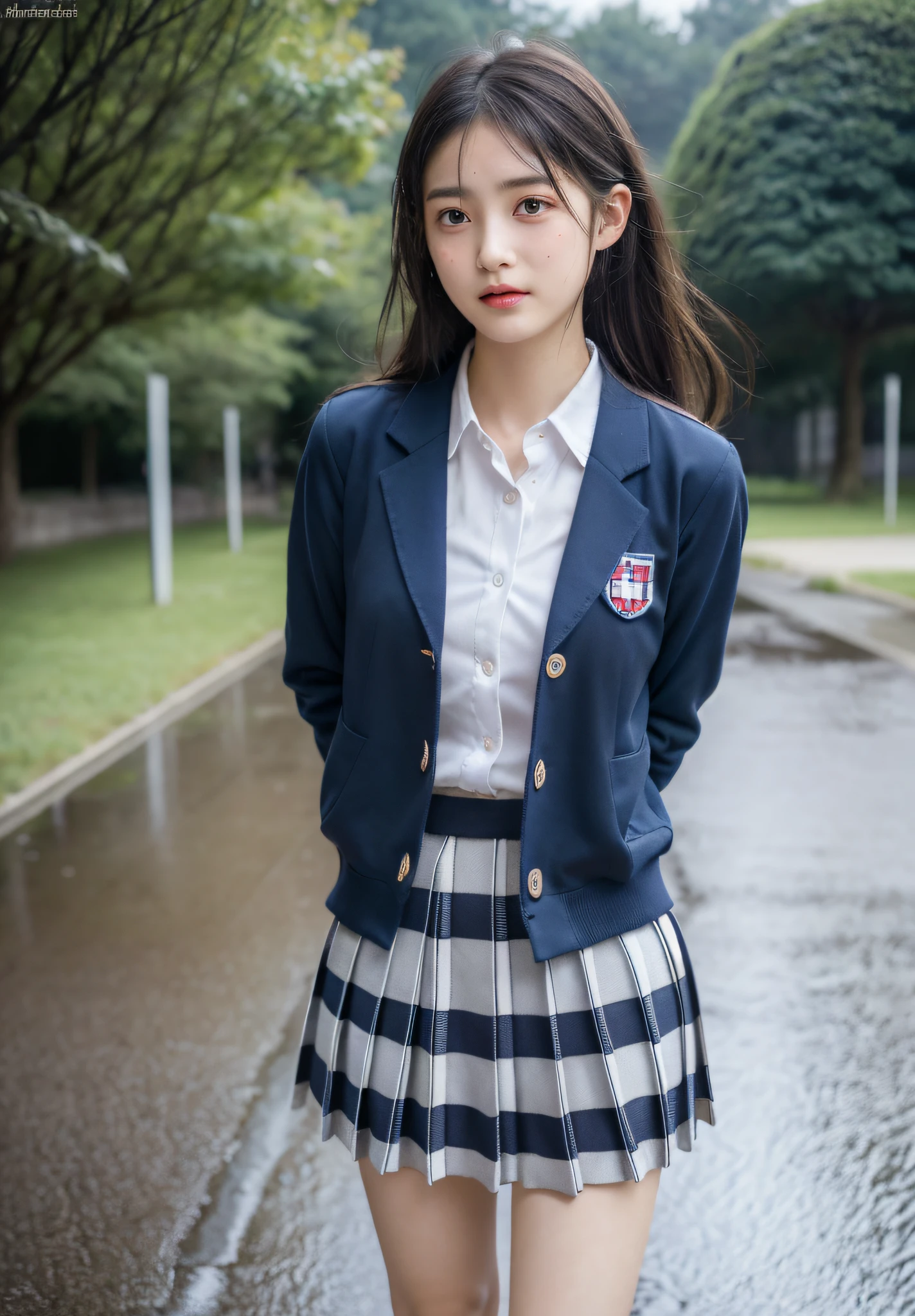 the Extremely Detailed CG Unity 8K Wallpapers、top-quality、ultra-detailliert、masterpiece、realisitic、Photo Real、extremely detailed cute girl、18year old、sophisticated gravure idol、Young Gravure Idol、 Young Sensual Gravure Idol、High school student in Japan uniform、(skirt rift)、(Lifted by yourself)、low angles、red blush、ruddy lips、looking at the viewers、Semi-body shot、(Large crowds)、(atlibrary)、(Japan high school uniform and designated shoes)、(Dark blue blazer:1.2)、(plaid skirts:1.5)、(White shirt for students)、 (Long tie:1.2)、(light brown random hair)、(White panty)、(cammel toe)、(Black loafers:1.5)、(beauitful face:1.3)、(perfectly proportions:1.2)、(Long feet:1.2)、(small tits:1.3)、(Panties can be seen from under the skirt)、(Textured skin)、(Japan high school uniform wet in the rain)、face that seems to cry、((wetting hair、wetted skin))、appearance々Angle、(Wet white panties)、sexy facial expression、Dark blue cardigan、
