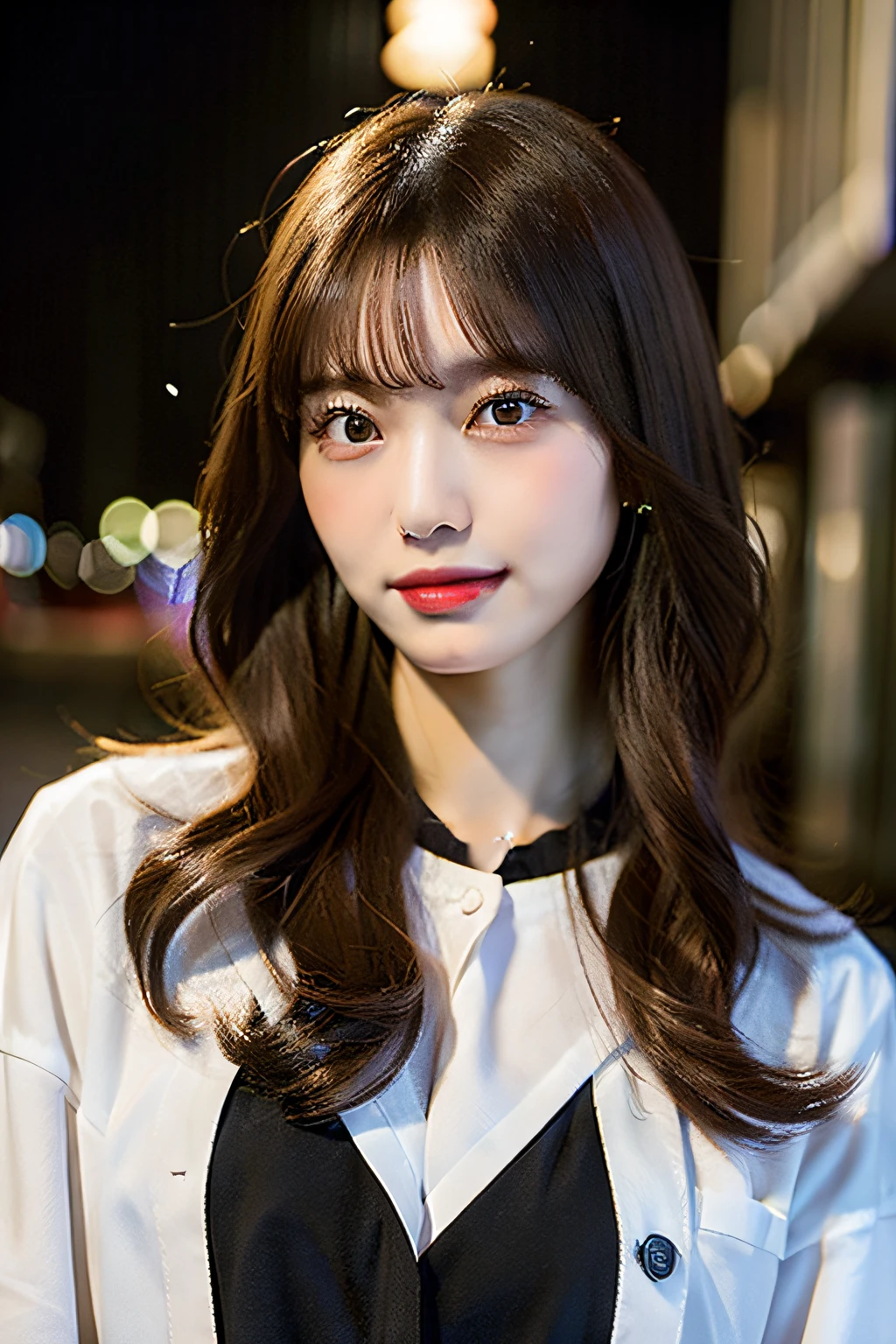 (Best quality, High resolution, Masterpiece :1.3), A pretty woman, Slender figure, Dark brown hair, nurse clothes, (Street in city at night), Highly detailed face and skin texture, Detailed eyes, Double eyelid